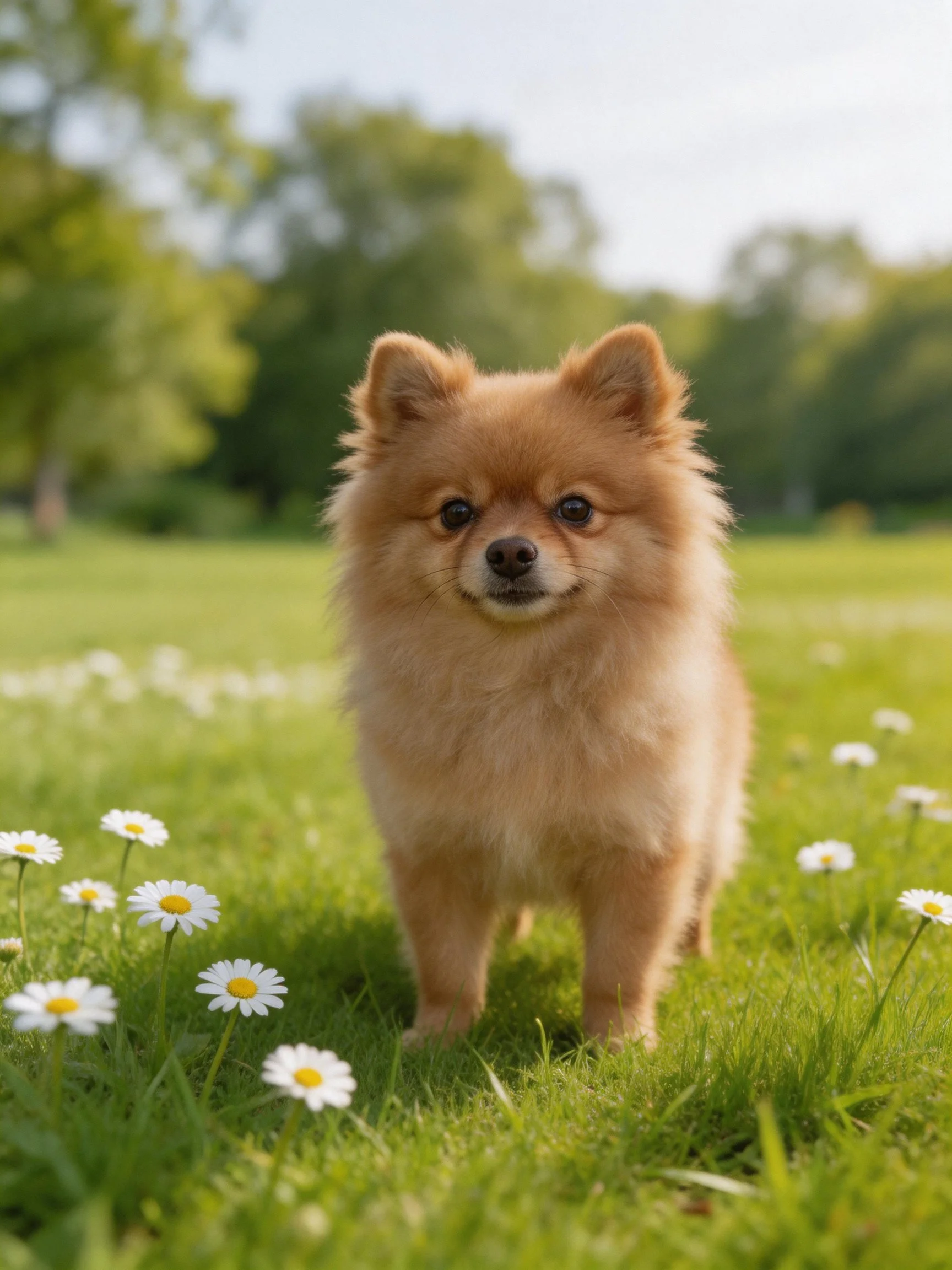 A small tan dog stands amid daisies in a bright, grassy field.