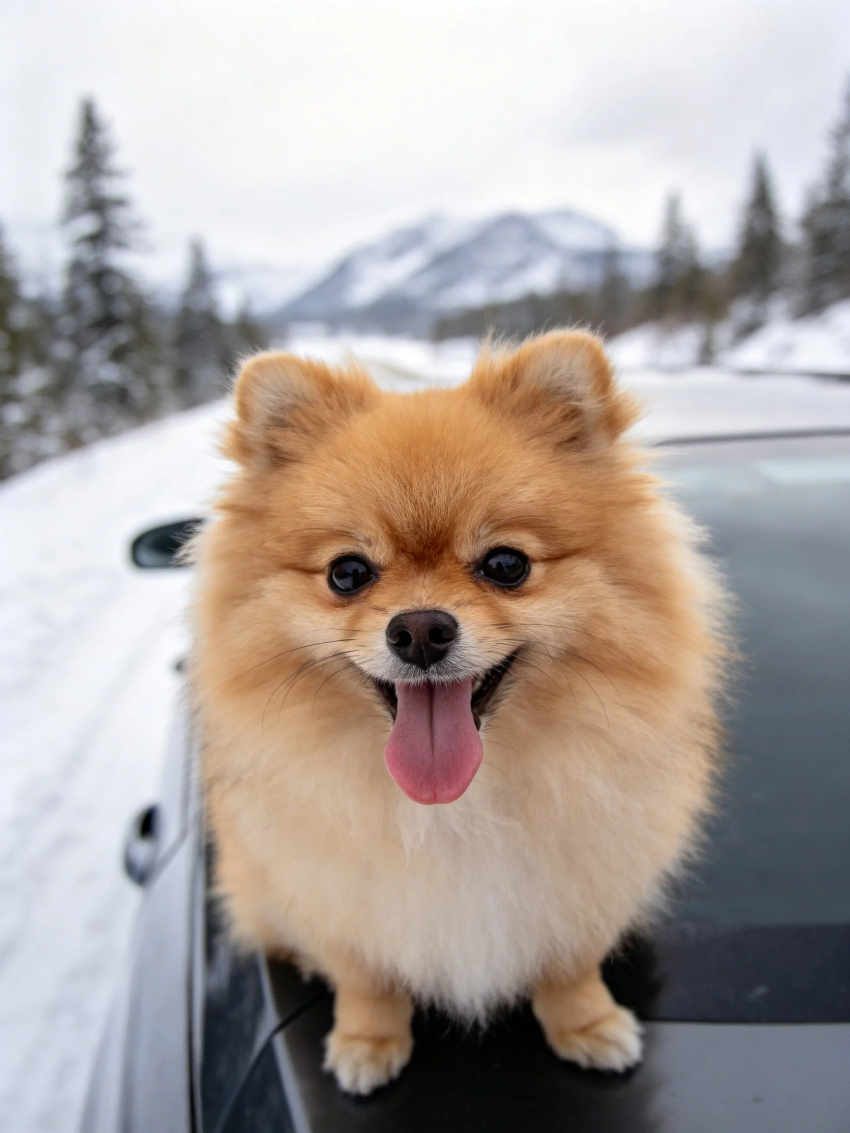 A cheerful tan Pomeranian sits on a car in a snowy mountain area
