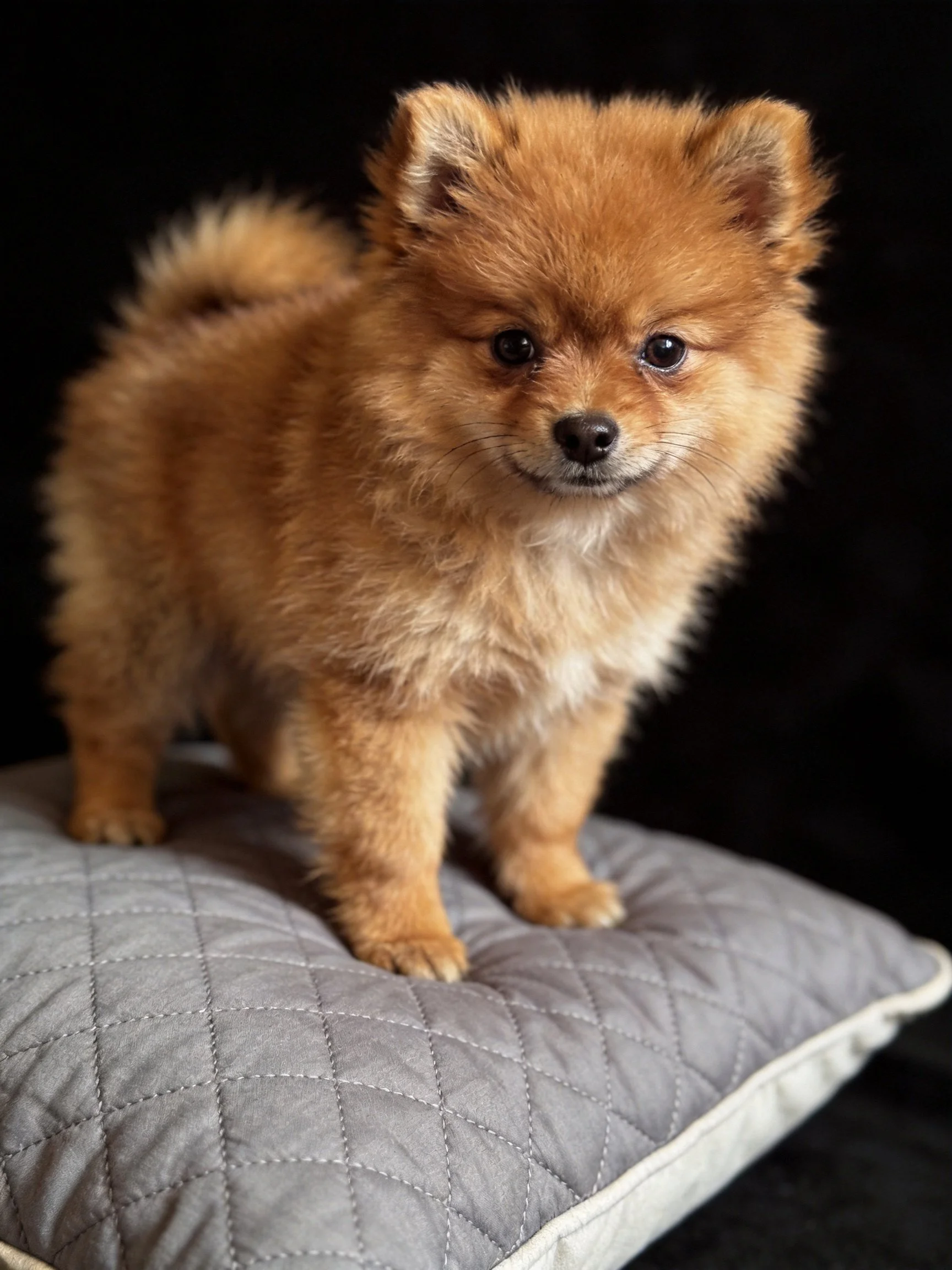 A fluffy tan Pomeranian stands on a gray quilted pillow against a dark backdrop