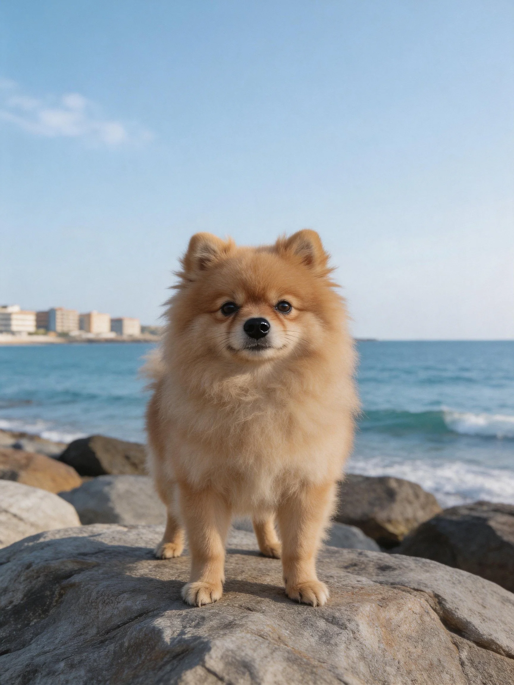 A fluffy tan Pomeranian stands on coastal rocks near the shoreline.