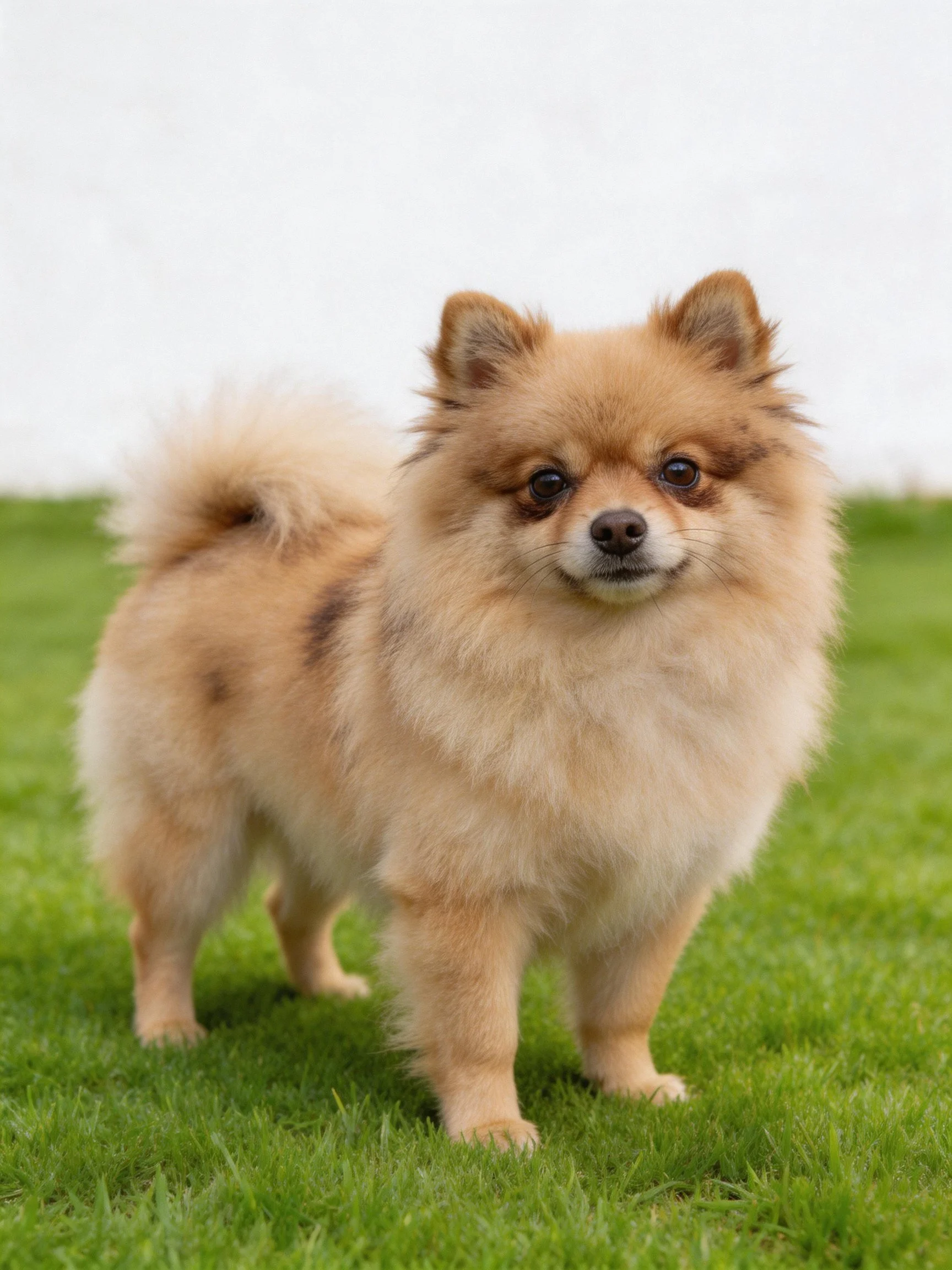 A fluffy tan Pomeranian stands calmly on lush green grass.
