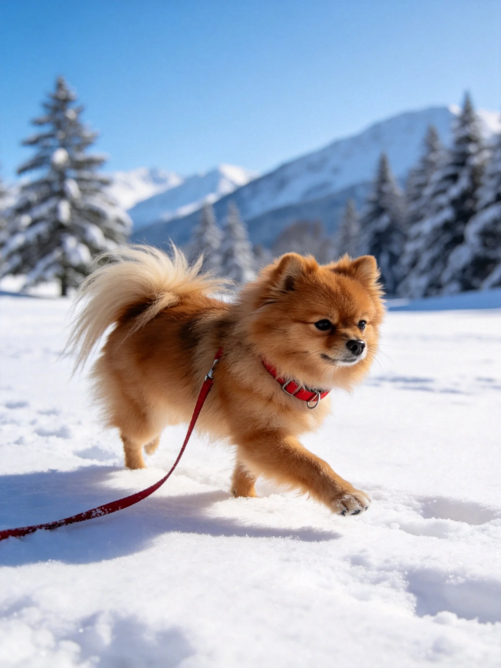 A fluffy tan dog explores bright white snow near snow - covered landscapes.