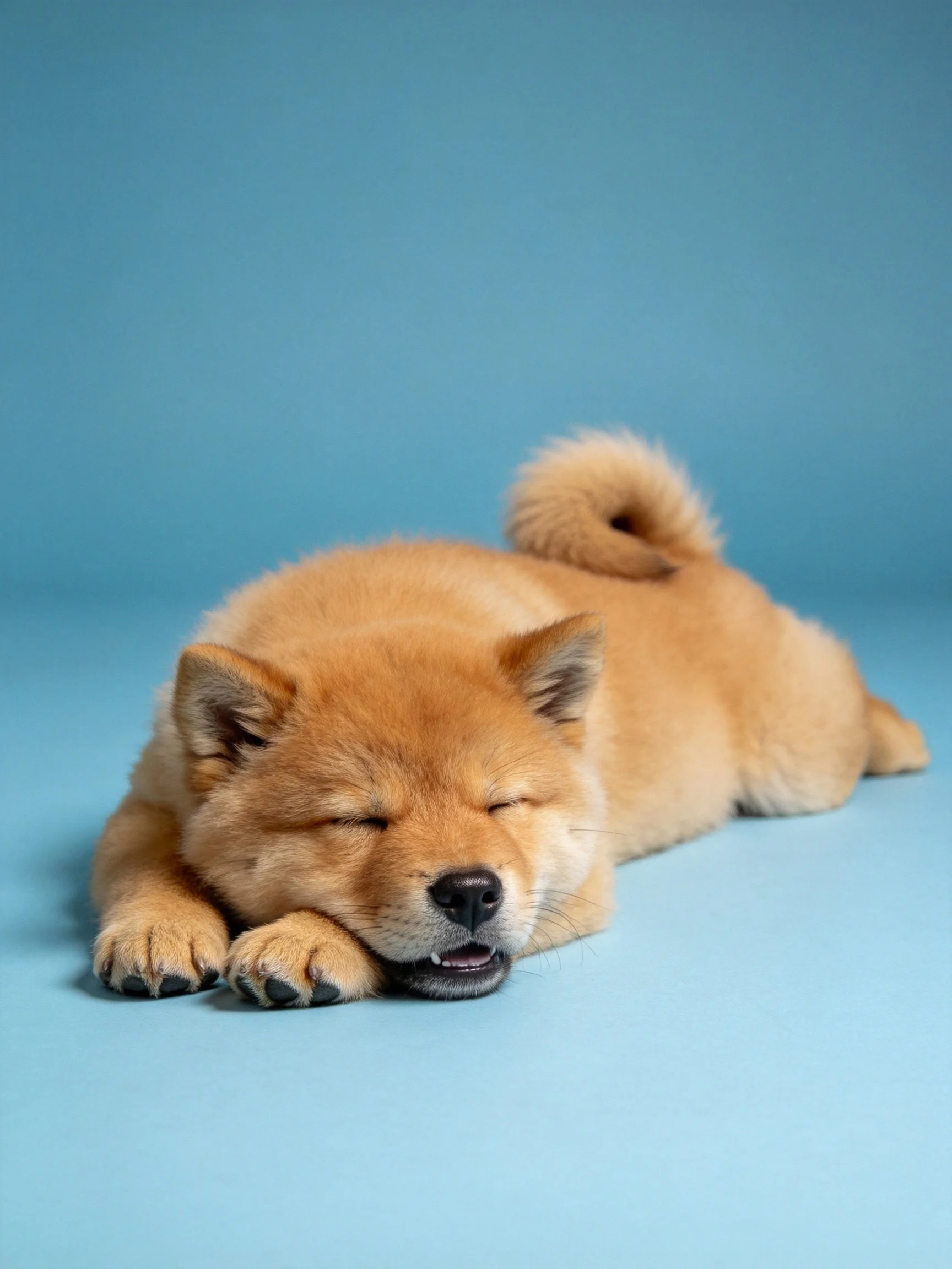 A tan Shiba Inu puppy sleeps soundly with eyes closed on a blue backdrop.