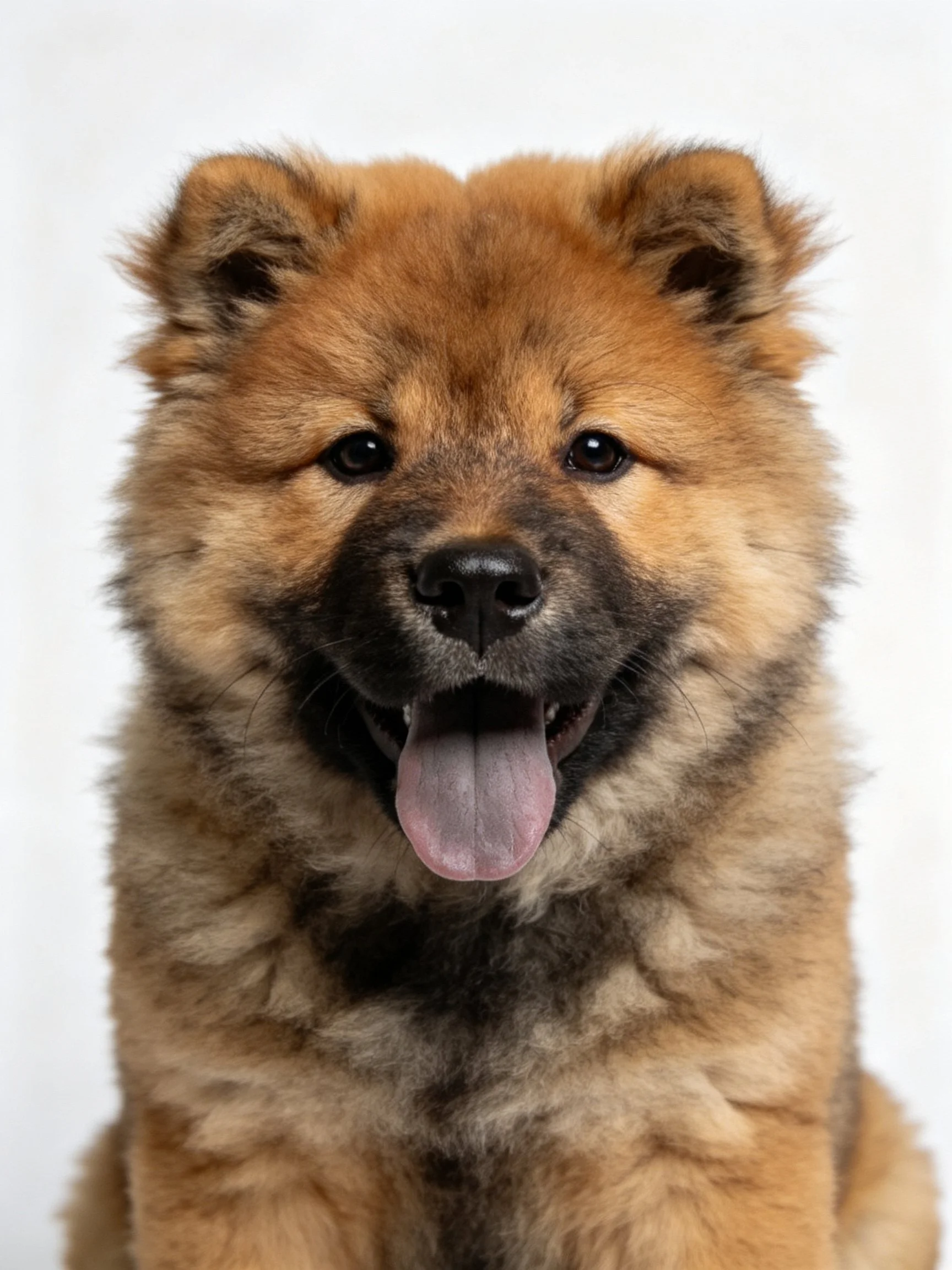 A fluffy tan and black Chow puppy with dark eyes