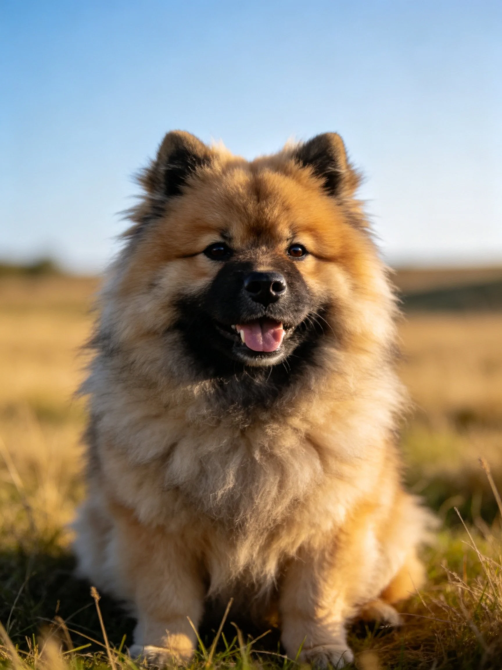 A fluffy tan and black dog sits happily in a sunlit open field.