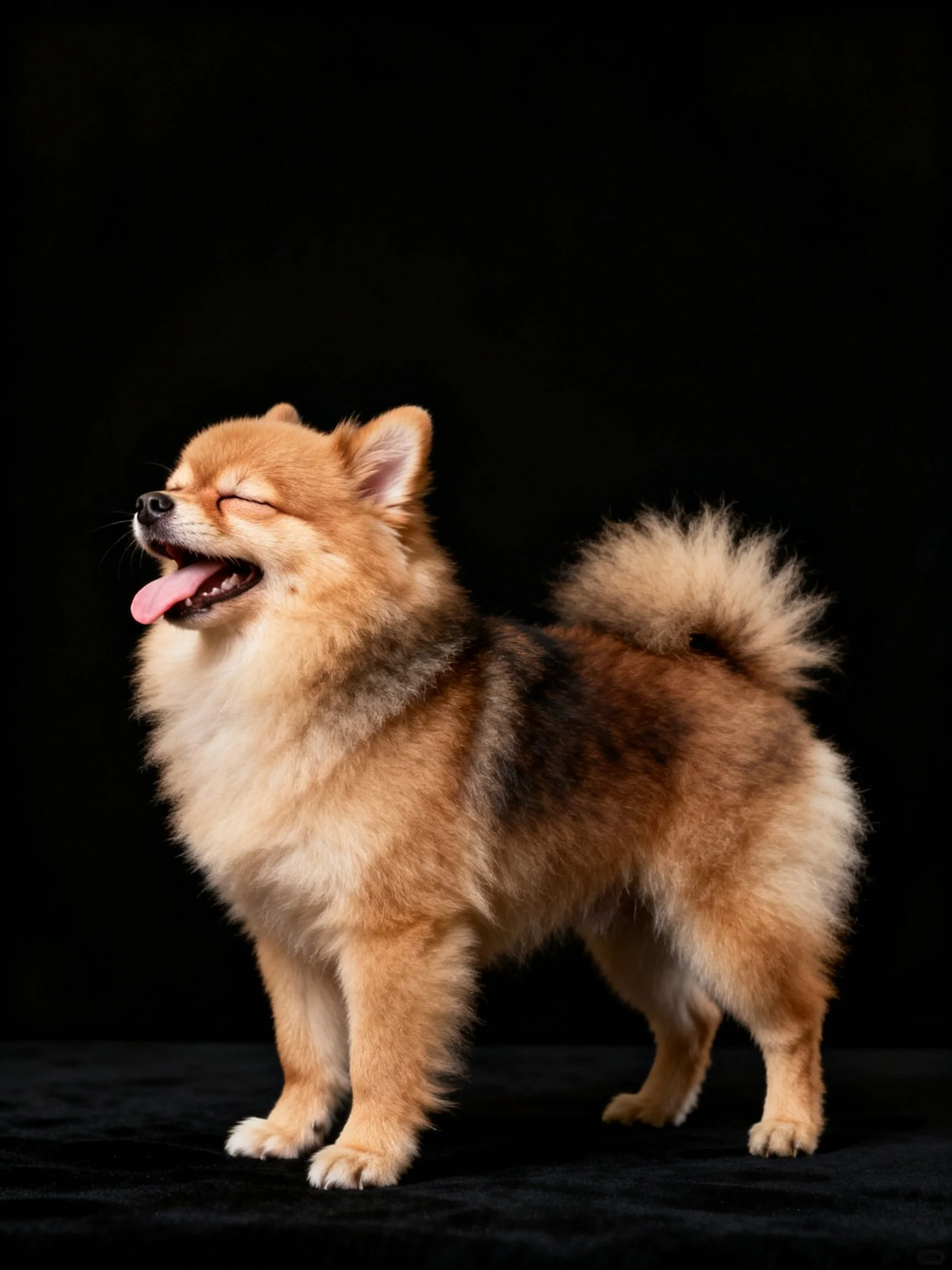 A fluffy tan dog stands calmly against a black background