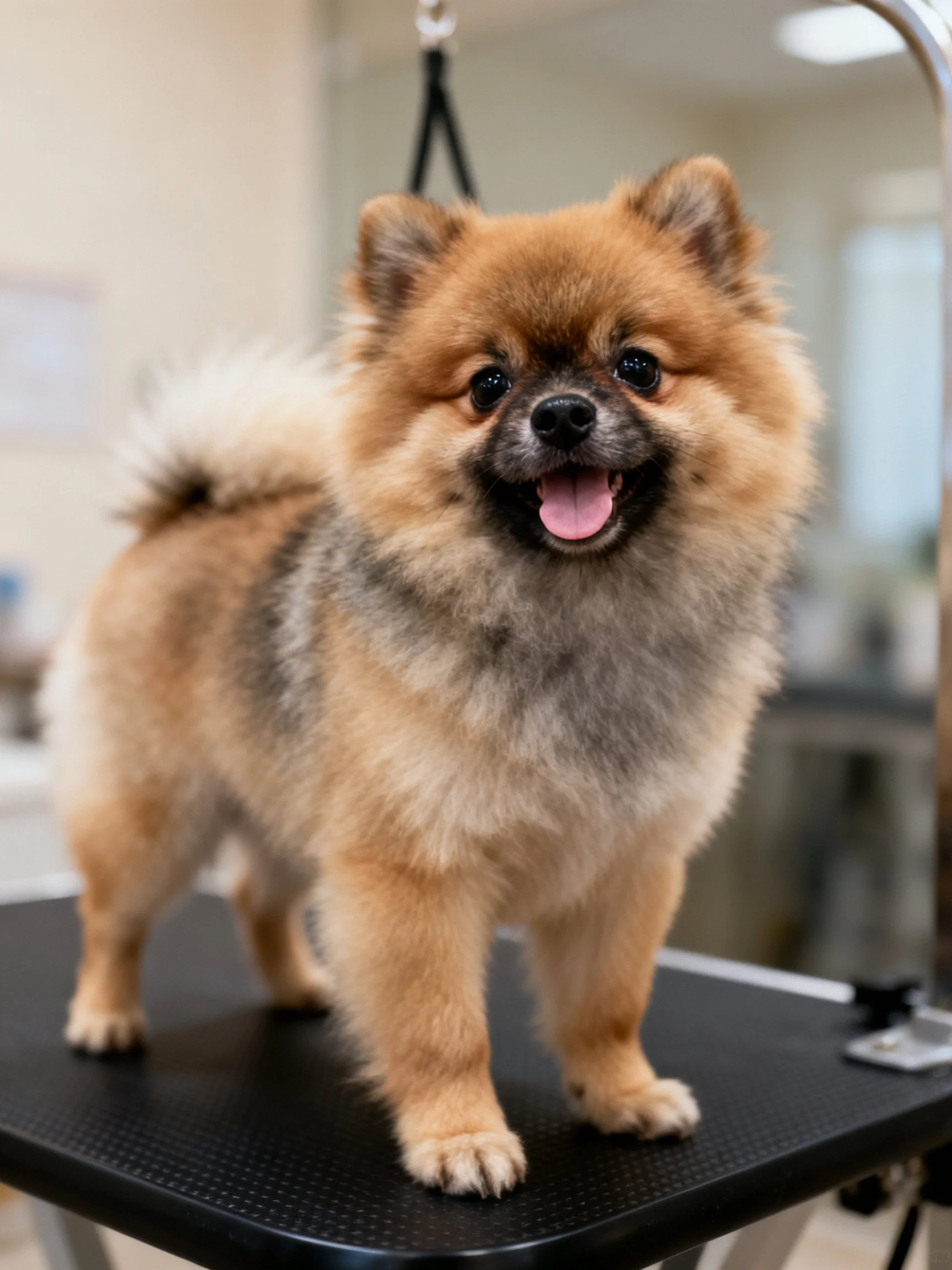 A cheerful tan and gray Pomeranian stands on a grooming table.