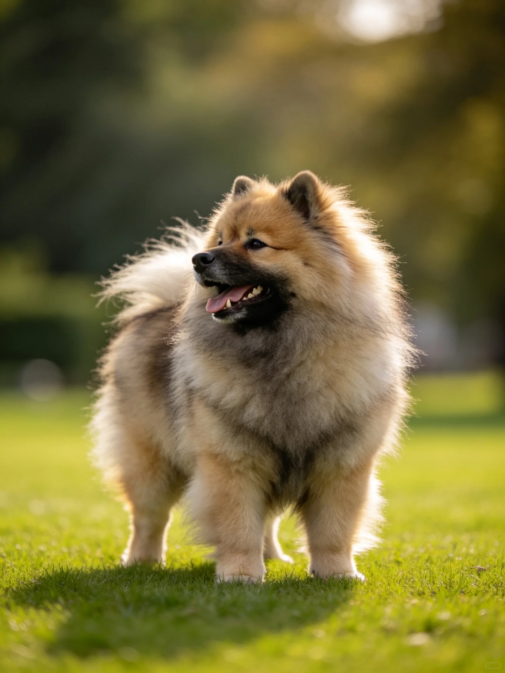 A fluffy dog stands on green grass ina sunlit outdoor setting.