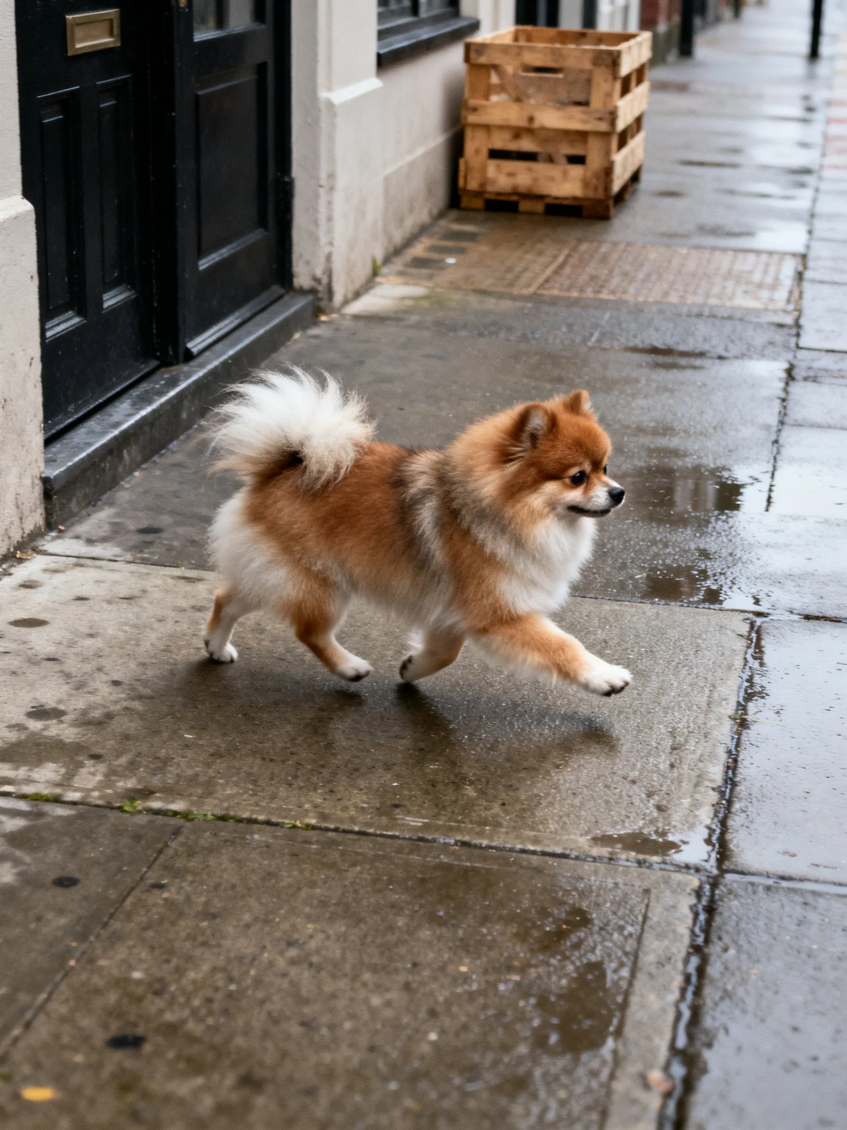A small tan and white dog runs energetically on a wet sidewalk.