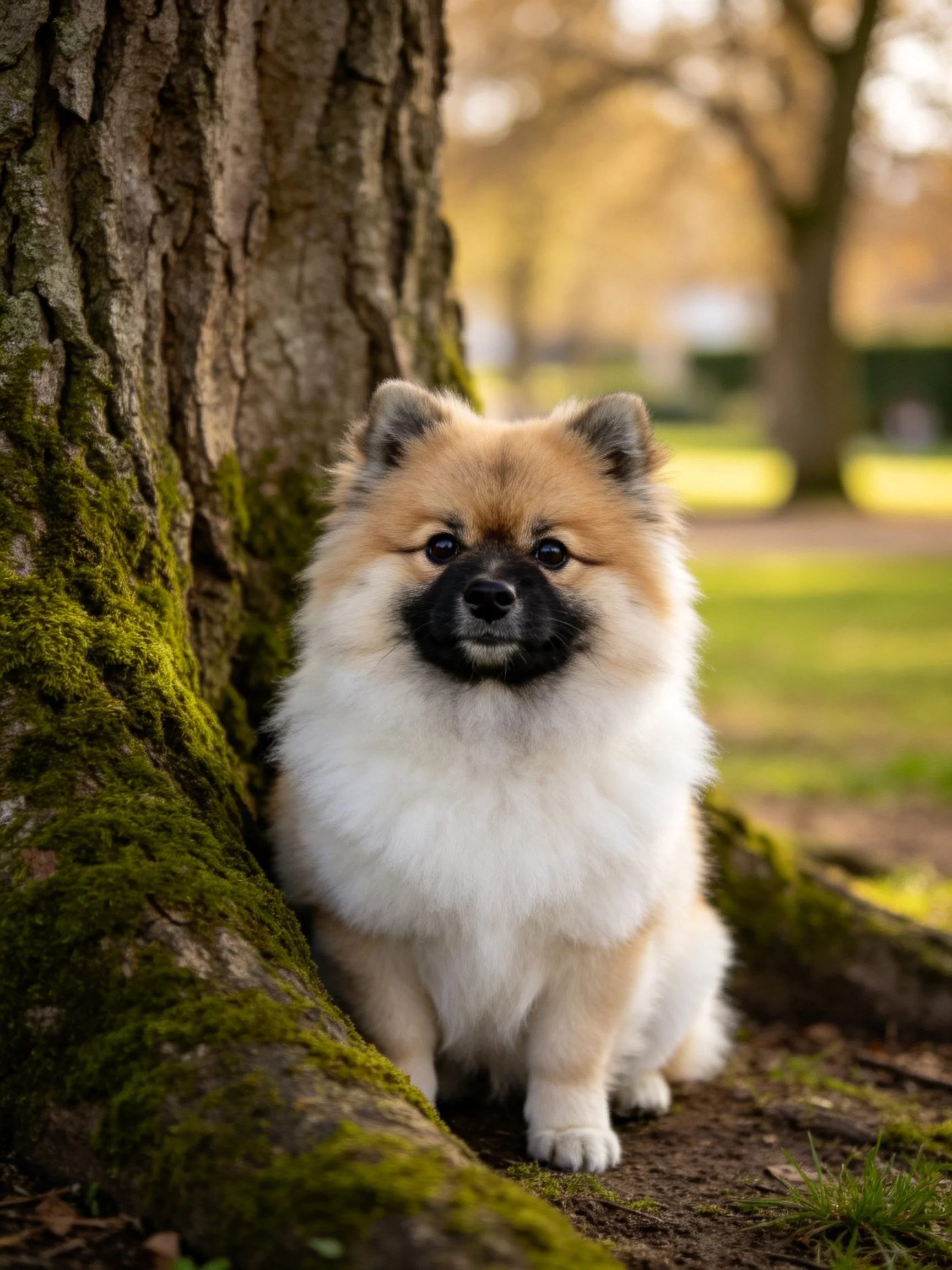 A small, fluffy dog with tan and white fur sits next to a large mossy tree.