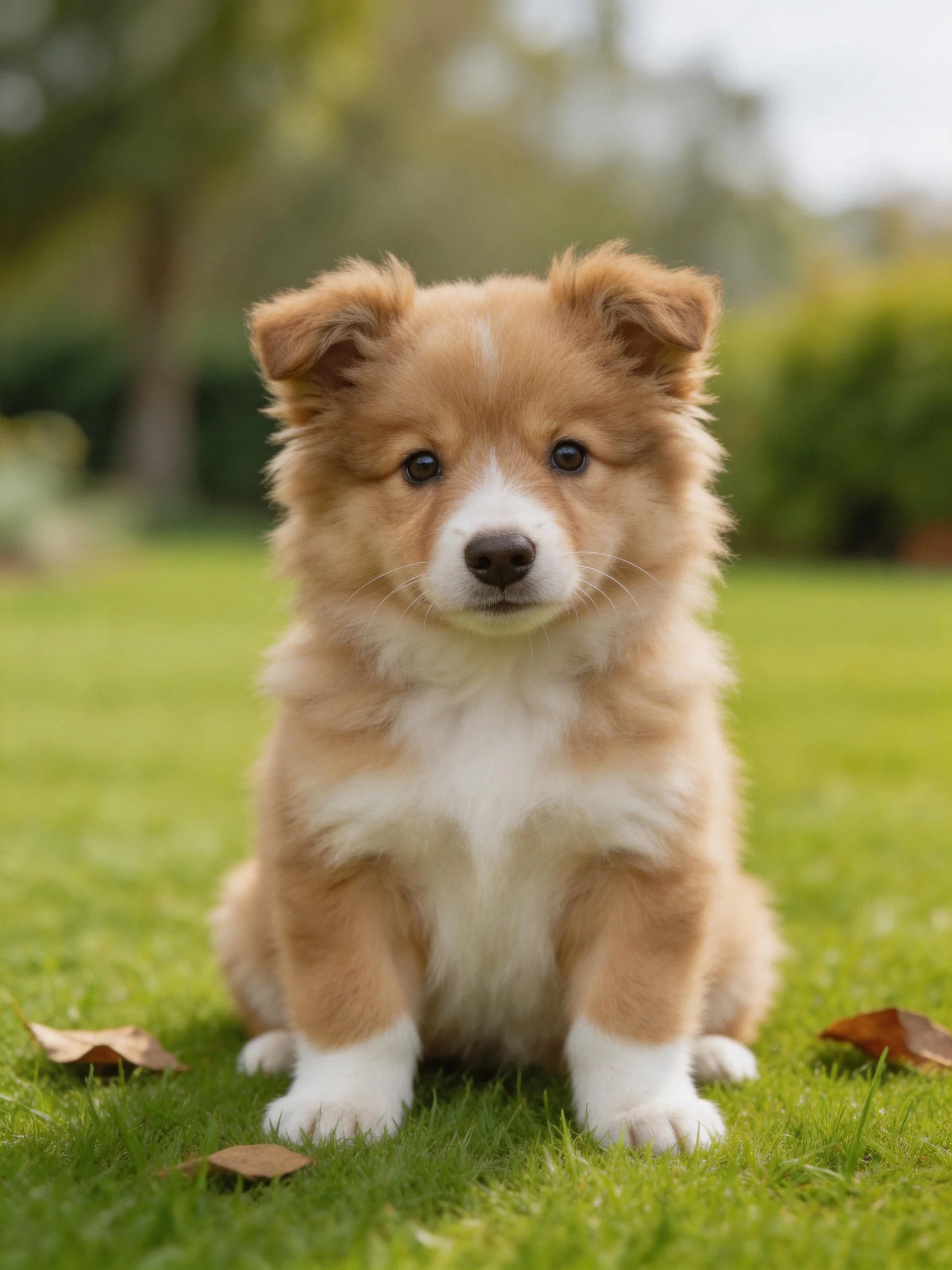 A small tan and white puppy sits calmly on green grass in an outdoor setting.