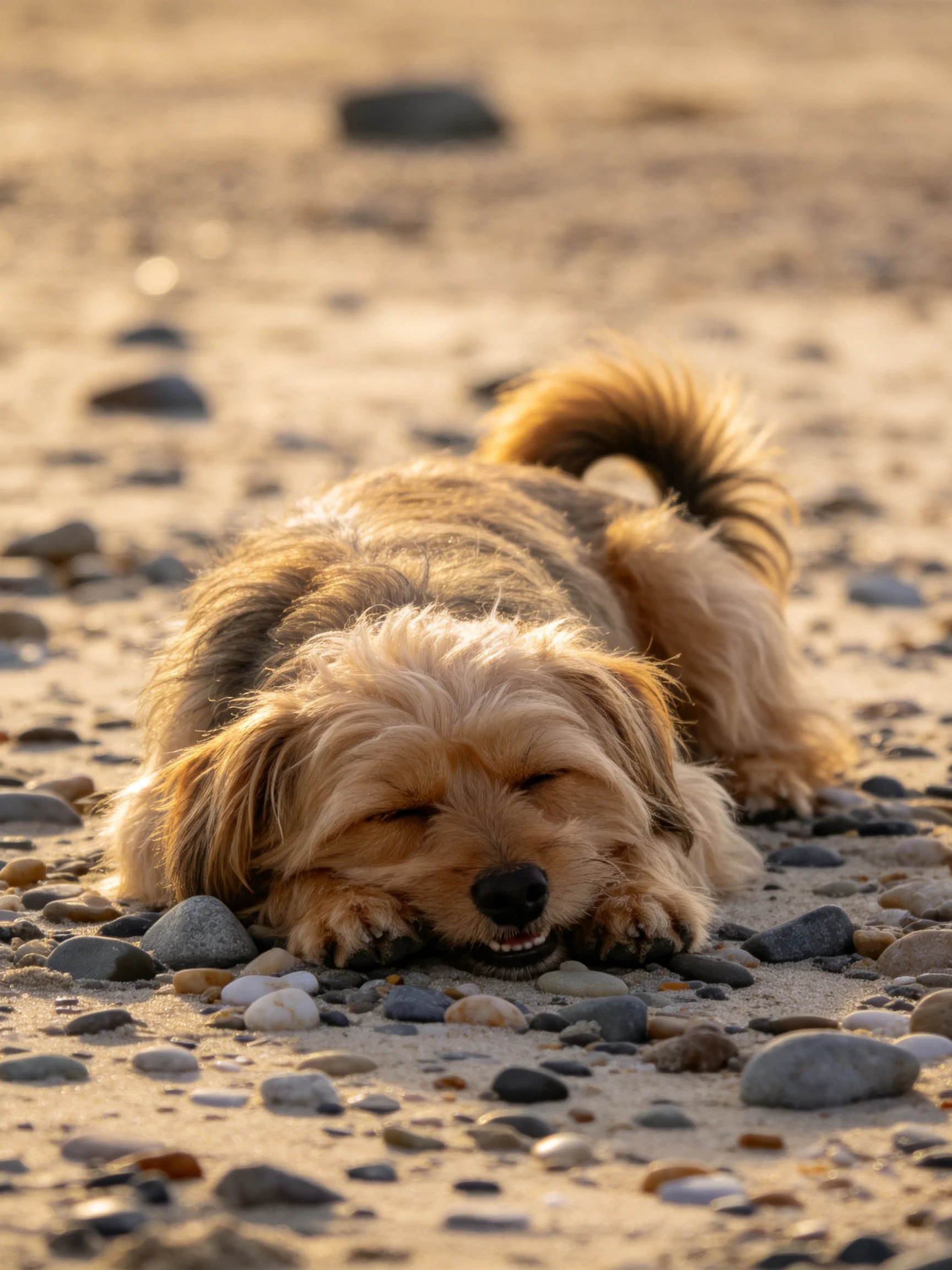 A small tan dog rests contentedly on a pebbly beach.