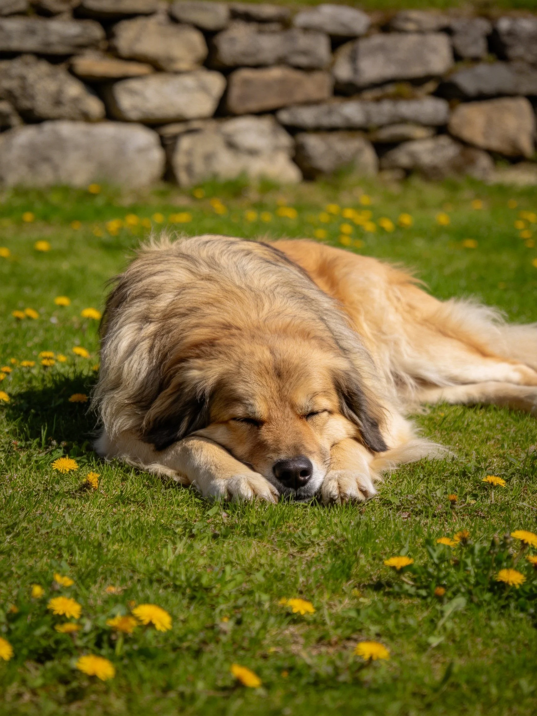 A large tan dog rests peacefully among yellow flowers near a stone wall