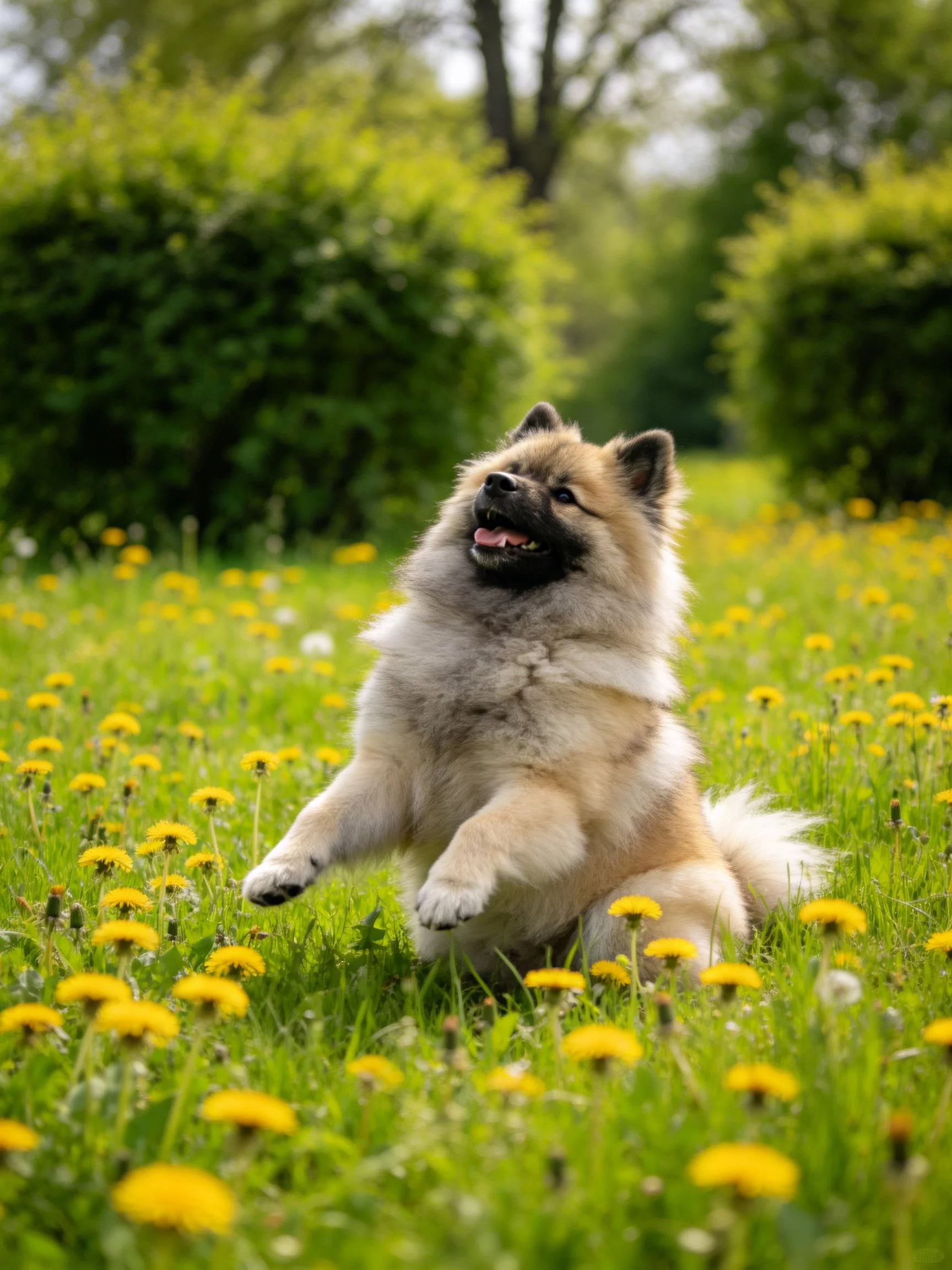 A fluffy tan dog plays among yellow dandelions in a green meadow