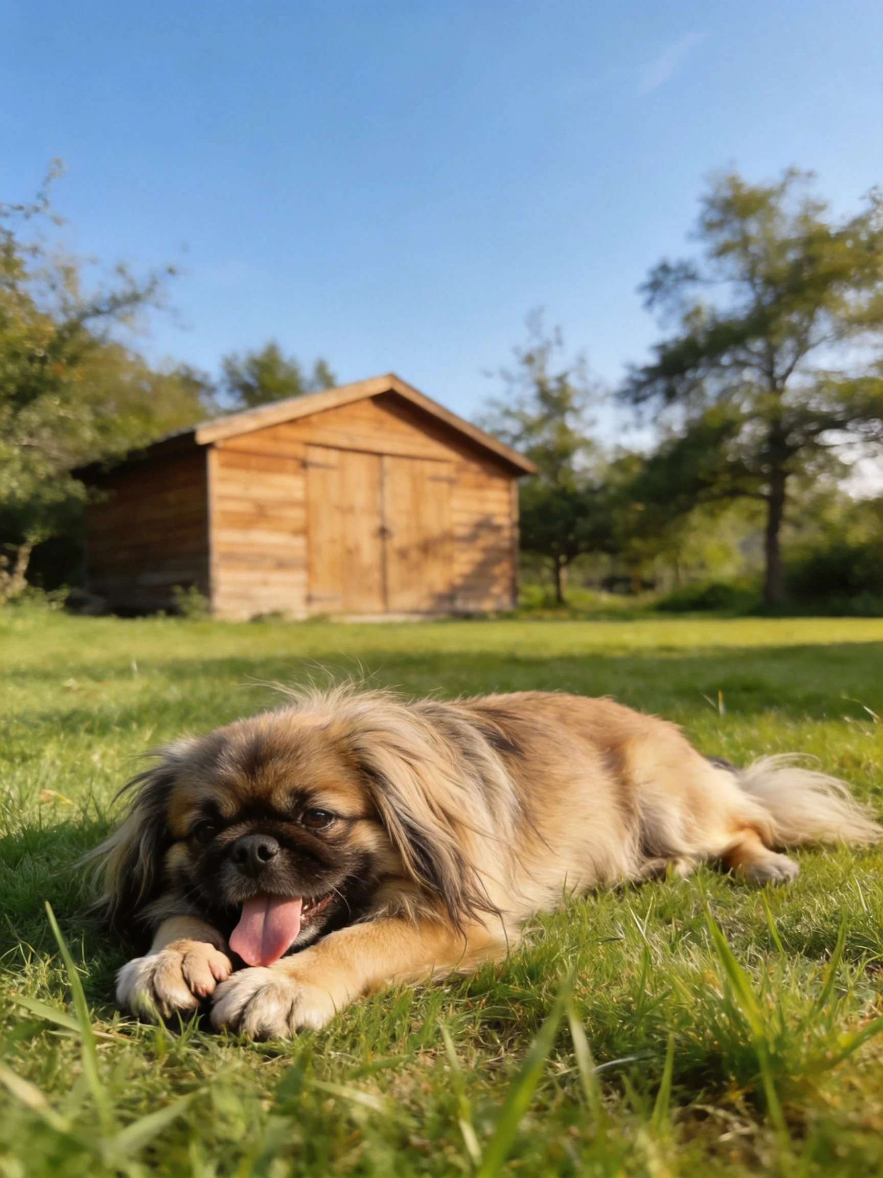 A dog relaxes on grass with a wooden shed in the sunny yard.