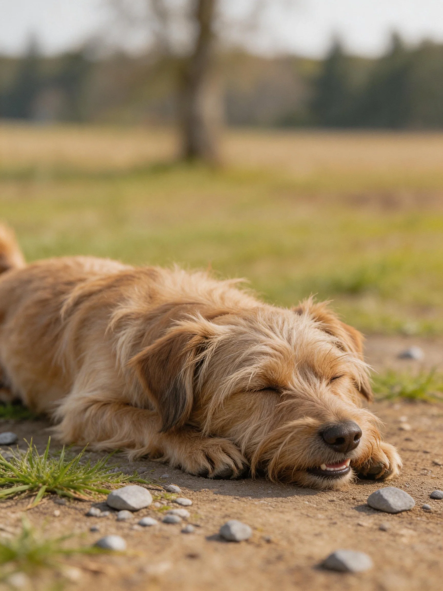 A fluffy tan dog rests peacefully on a dirt path