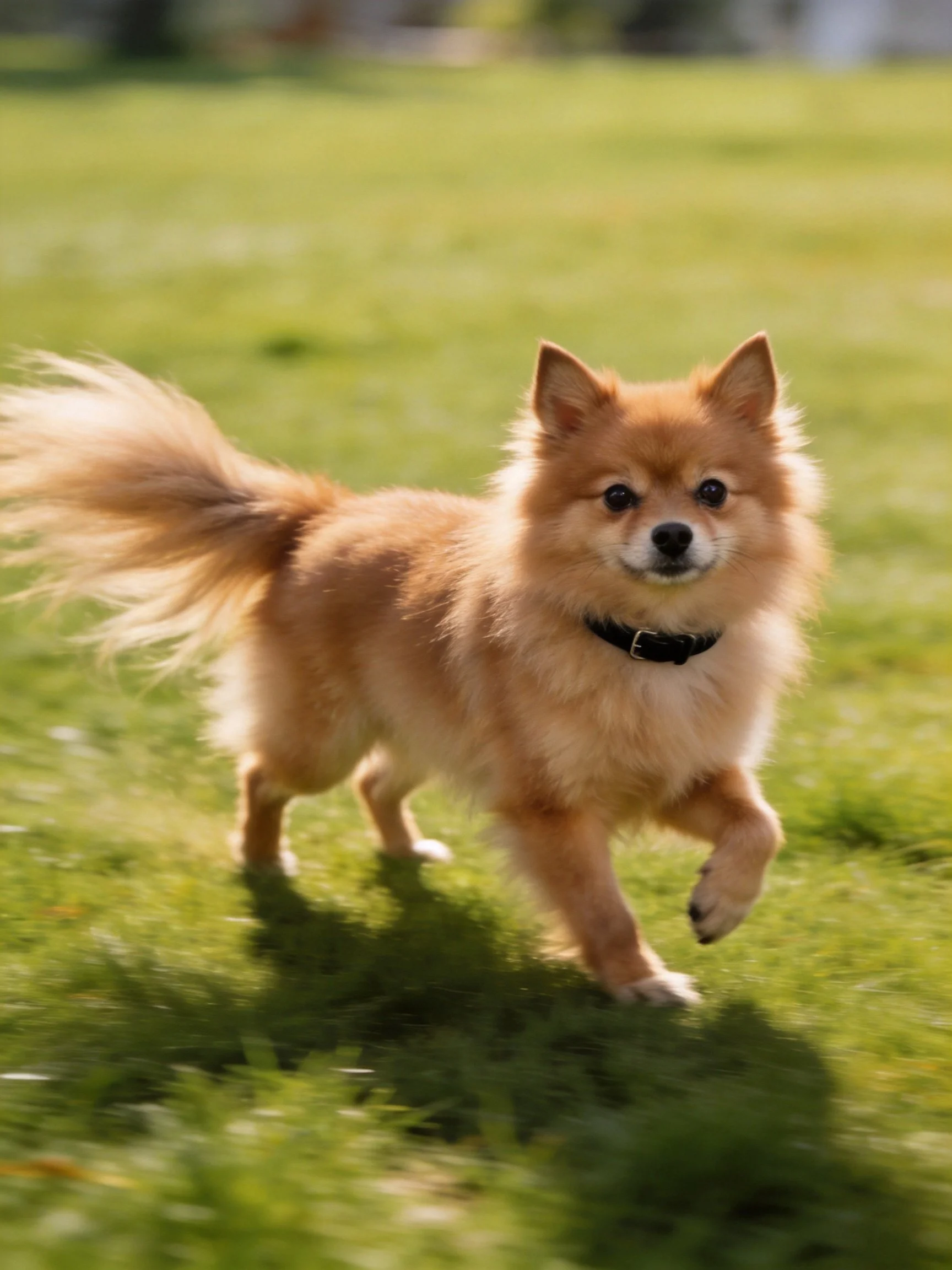 A fluffy tan dog runs energetically on sunlit grass.