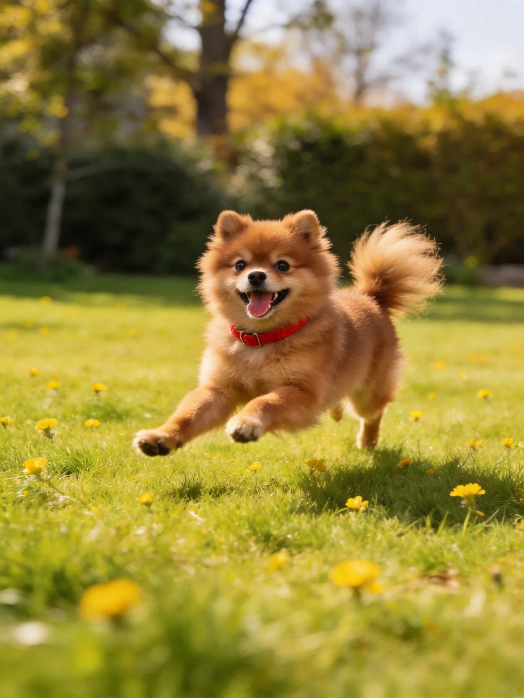 A joyful tan dog runs across a flower-dotted grassy field.