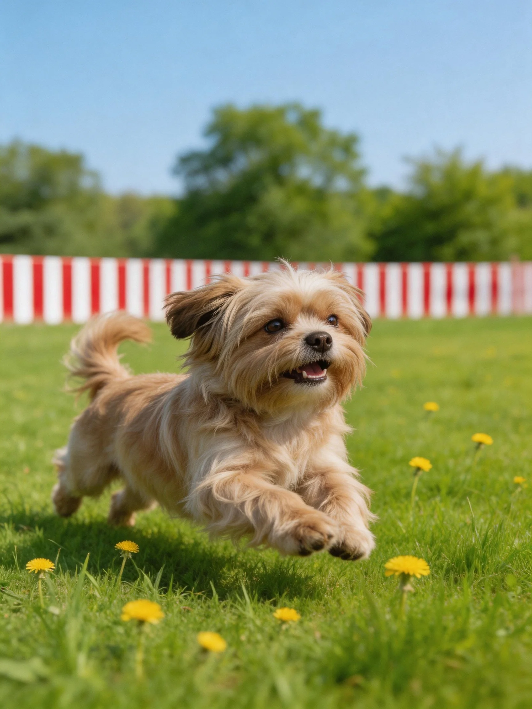 A small dog joyfully runs through a grassy field with yellow flowers
