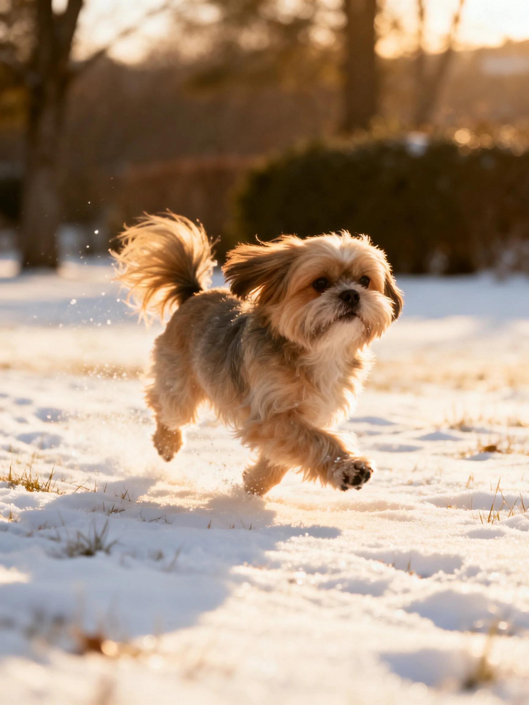 A fluffy tan dog runs through glistening snow under golden sunlight