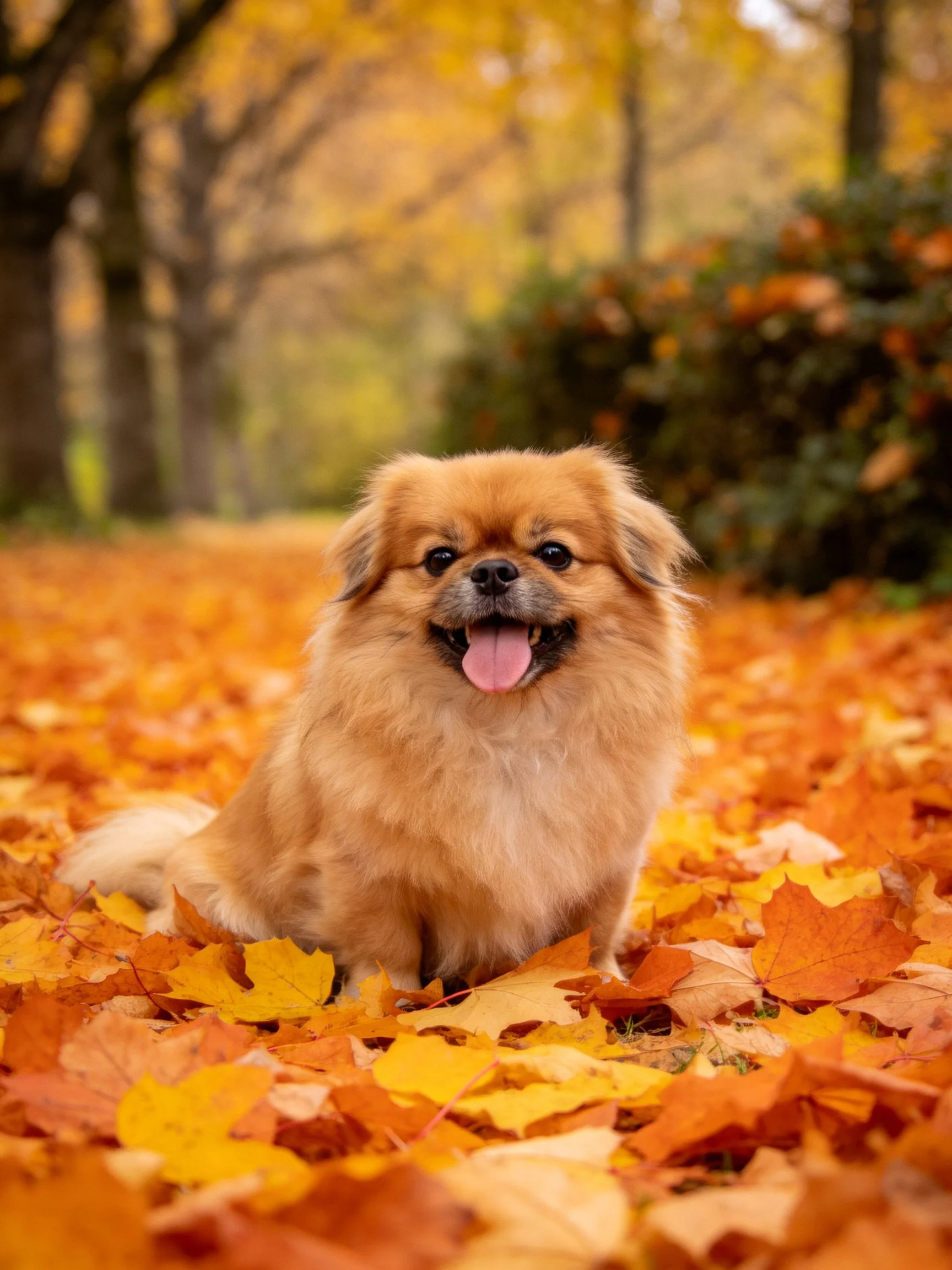 A fluffy tan dog enjoys sitting among colorful fallen leaves in a sunlit autumn setting.
