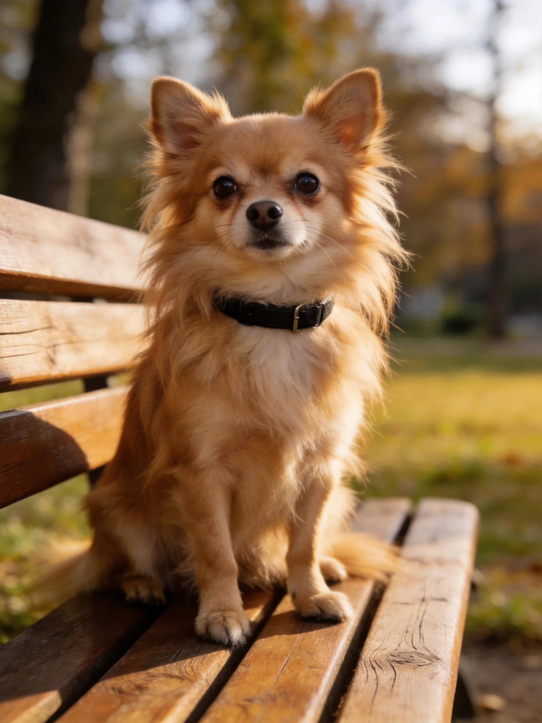 A fluffy tan dog sits calmly on a wooden park bench in a sunlit outdoor area.