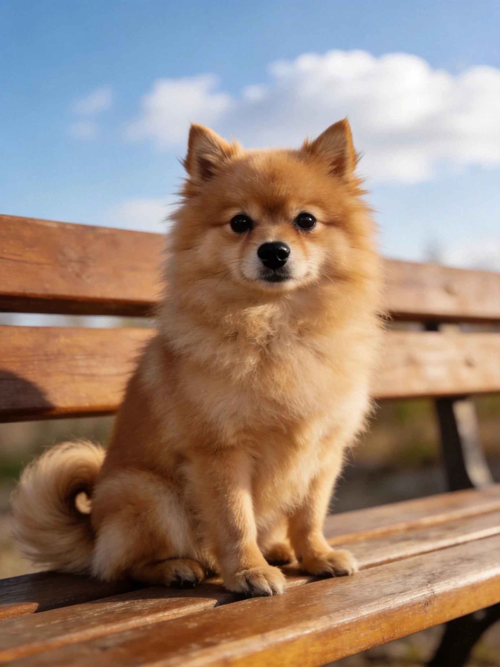 A fluffy tan dog sits calmly on a wooden bench outdoors