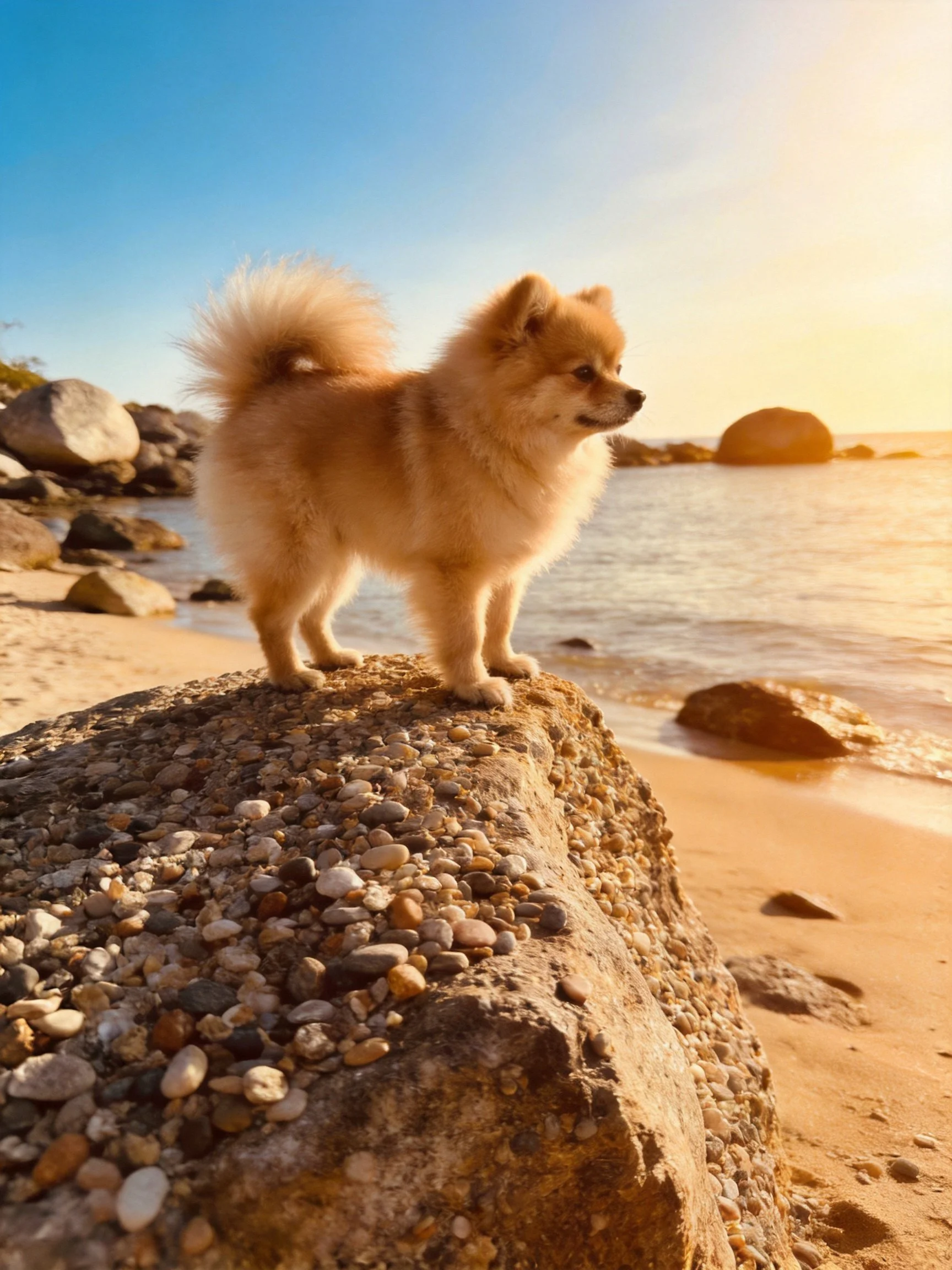 A small tan dog stands on a rocky outcrop near a sandy beach at sunset.