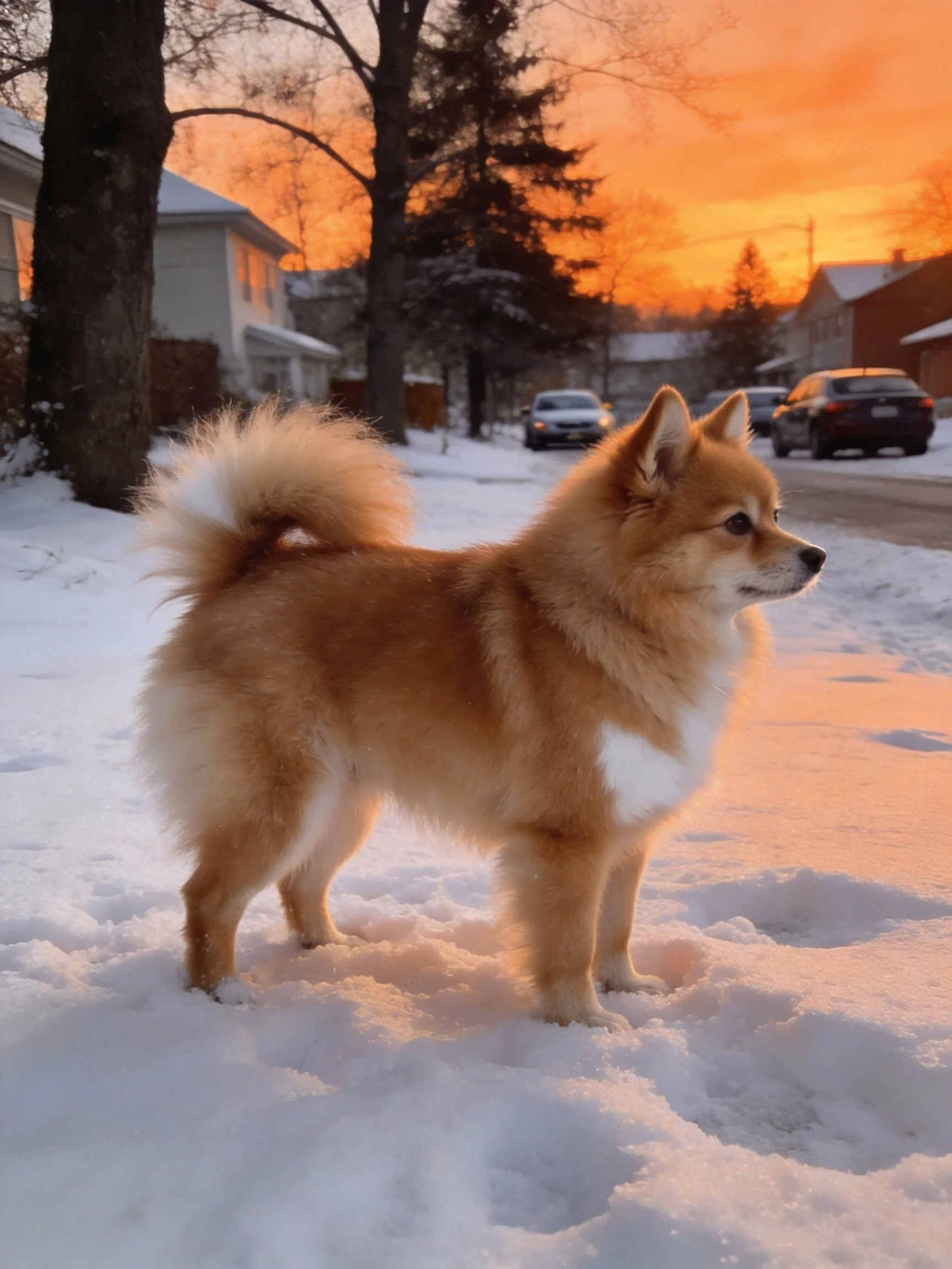 A tan - furred dog stands on a snow - covered street during a vibrant sunset.