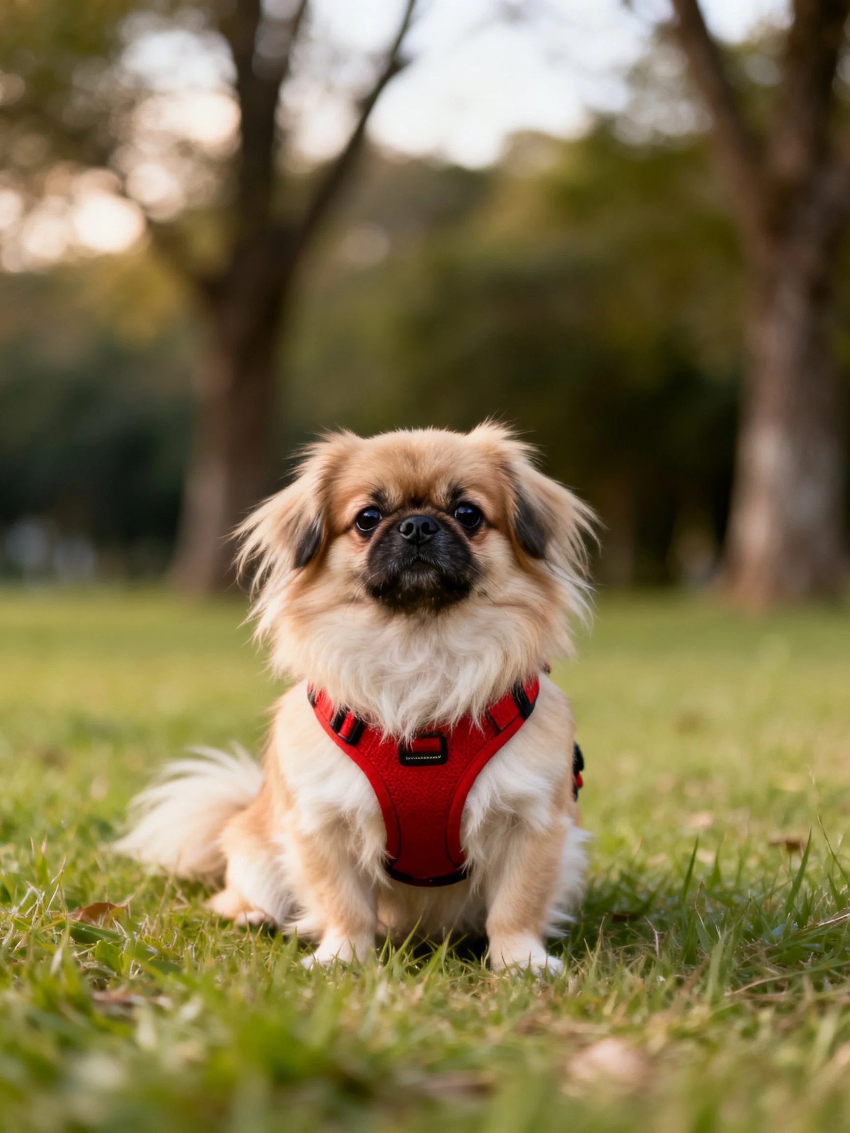 A small tan dog with a red harness sits calmly on grass in a sunlit park.