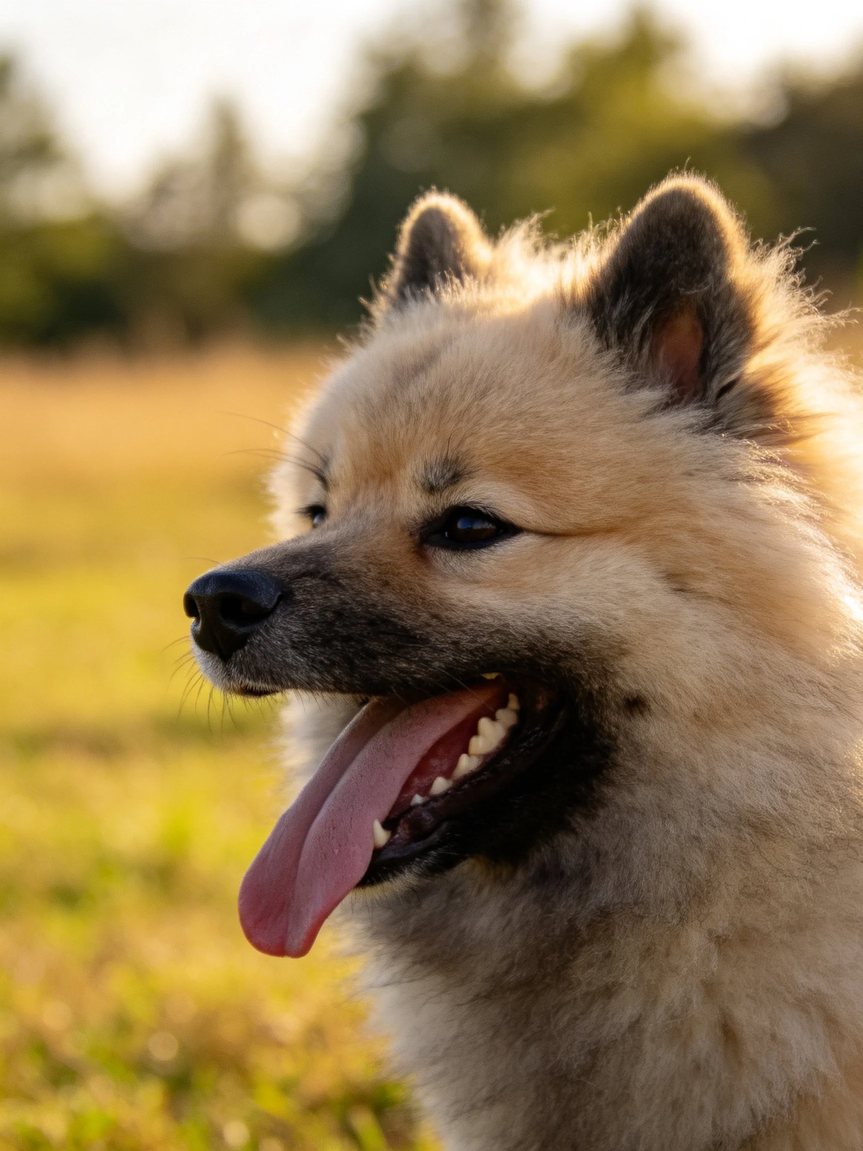 A fluffy tan dog with black ears panting in a sunlit field