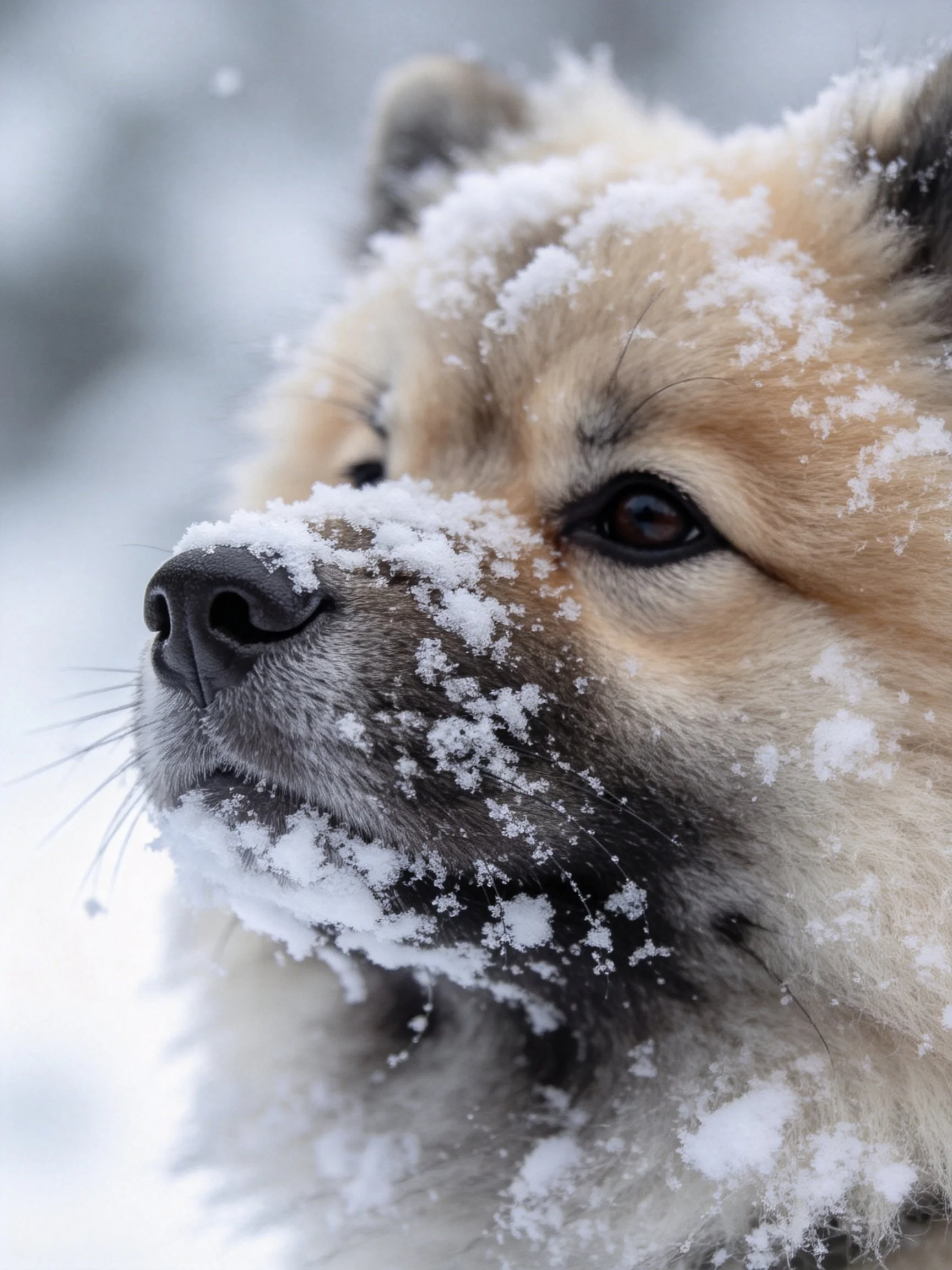 A tan - furred dog has snow on its face in a snowy outdoor setting.