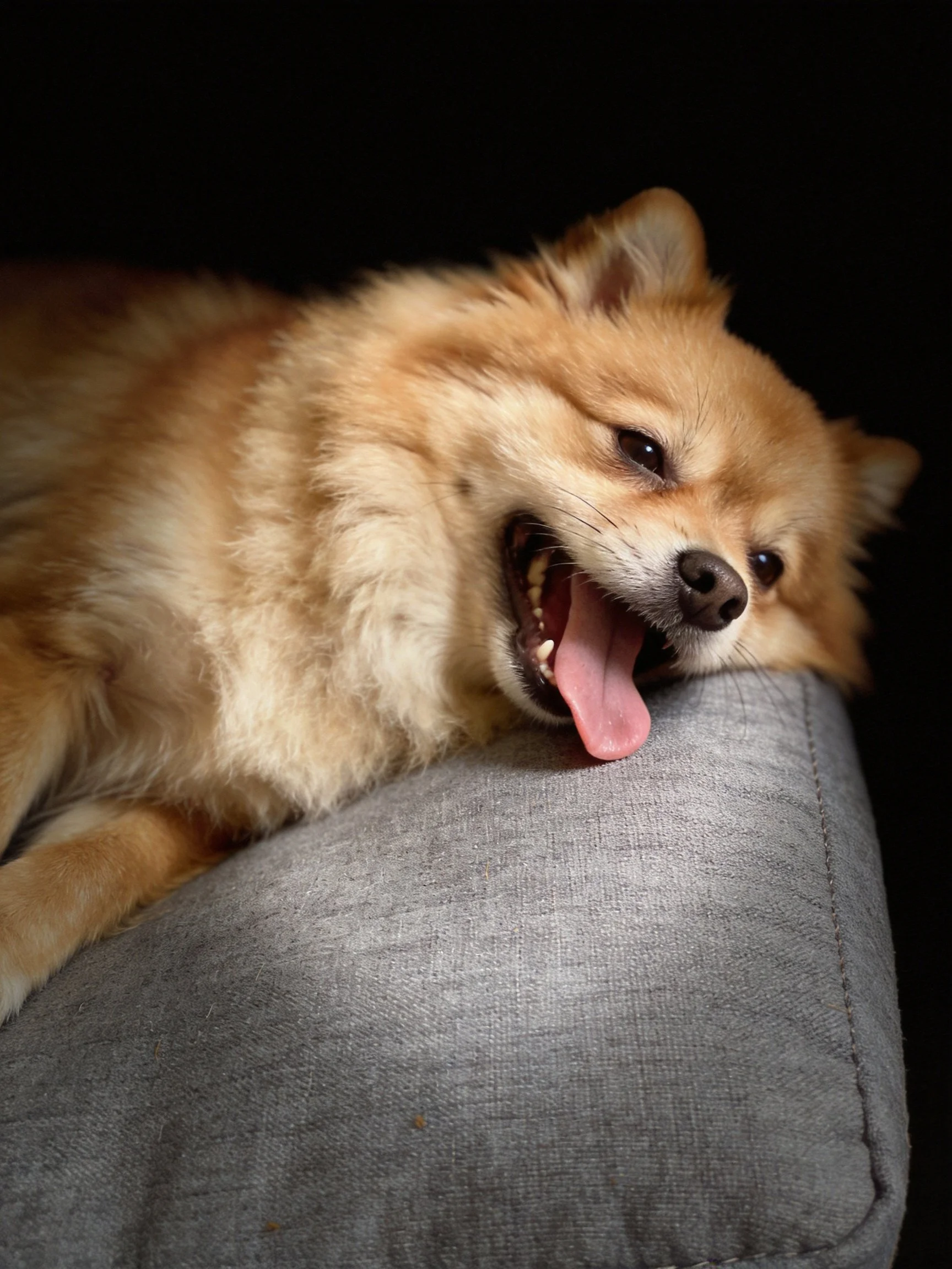 A tan dog yawns while resting on a gray cushion in a dark environment.