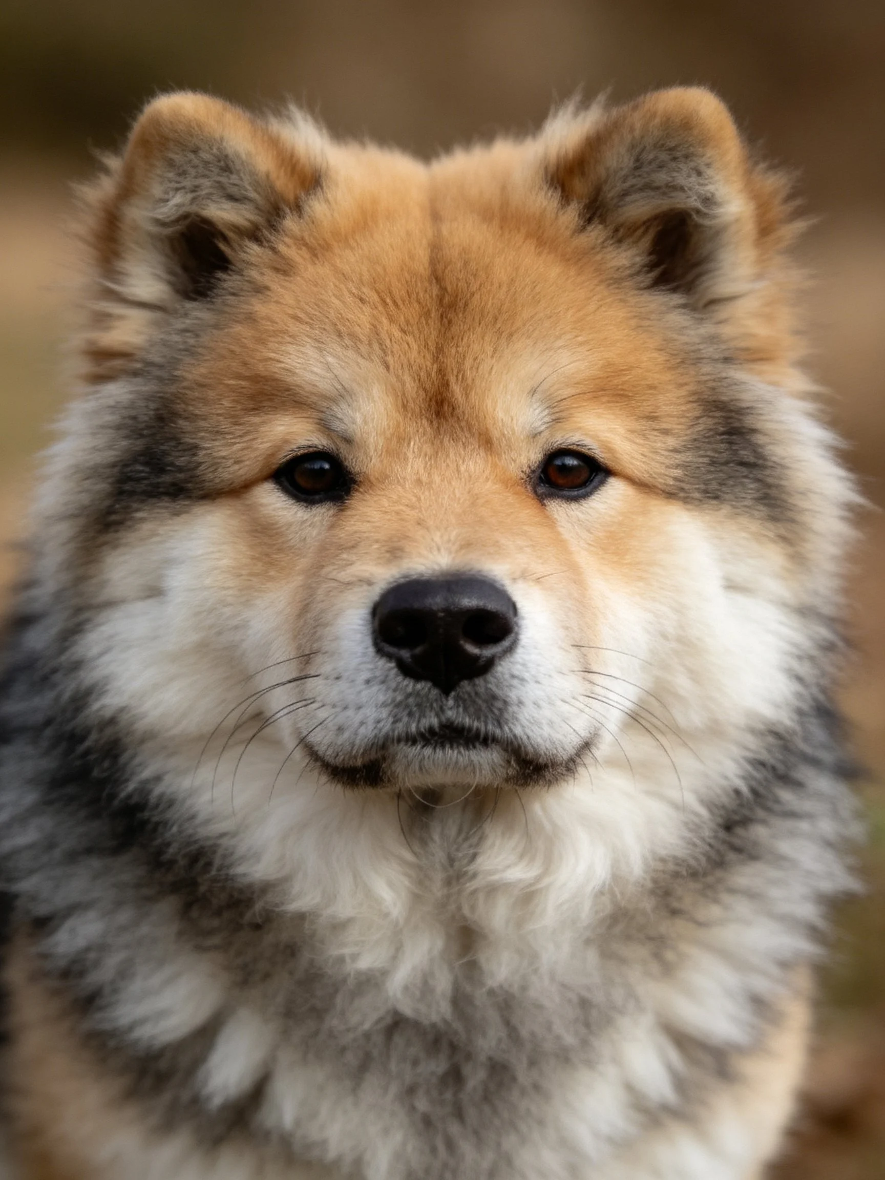A close - up of a multicolored fluffy dog with upright ears.
