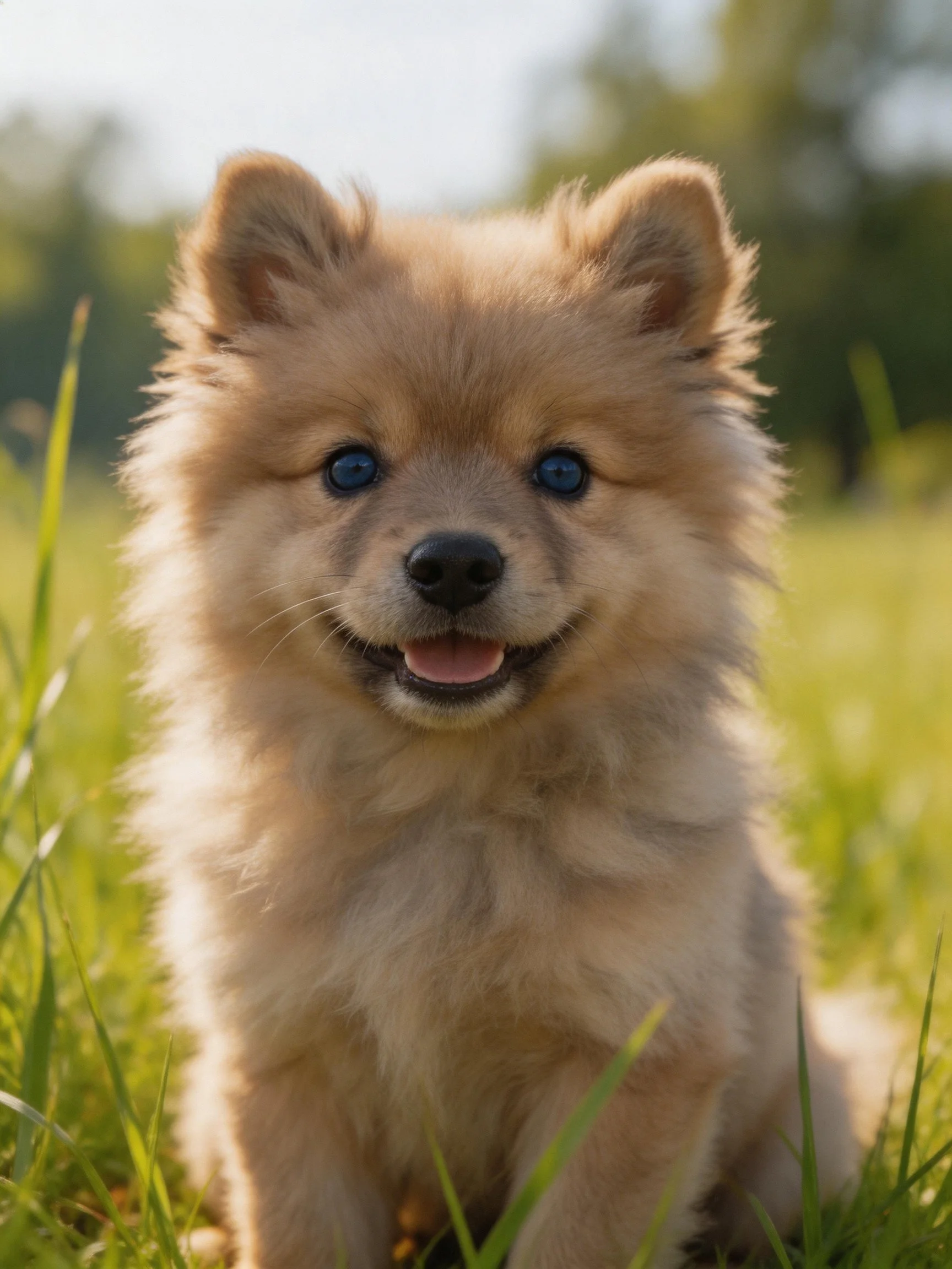 A fluffy tan puppy sits cheerfully in a sunlit grassy field.