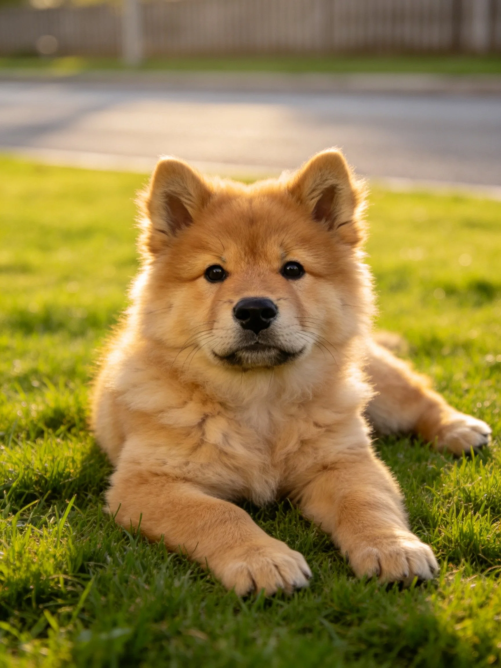 A fluffy tan puppy rests on green grass near a paved road.