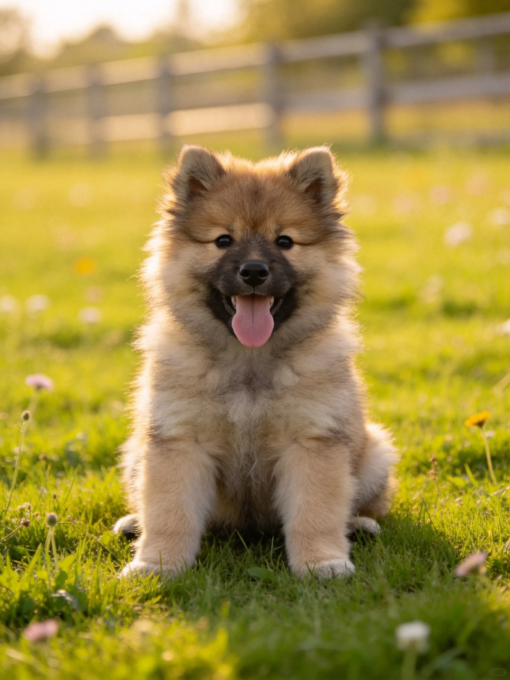 A fluffy tan puppy sits happily on grass in a sunny outdoor setting.