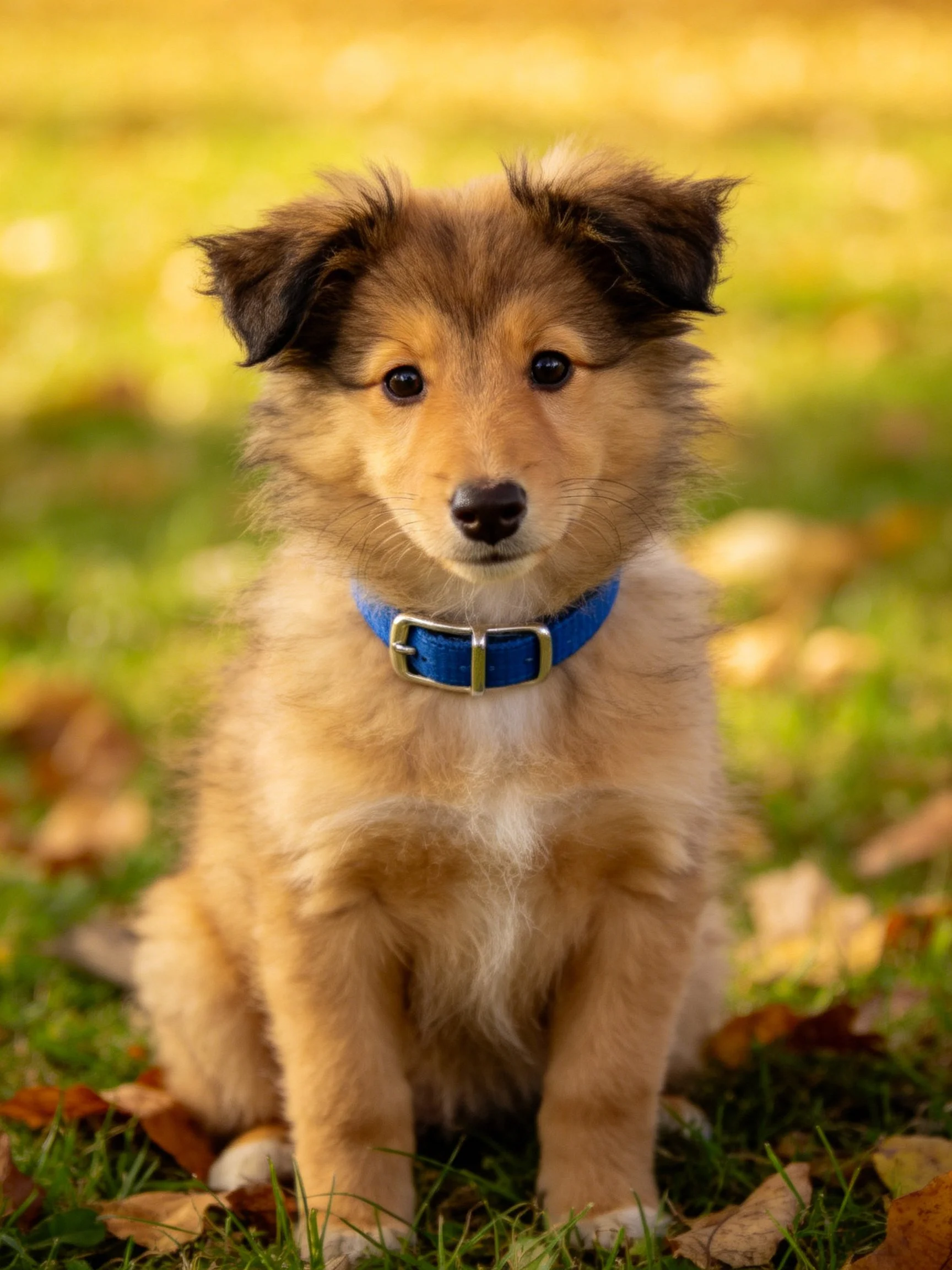 A fluffy tan puppy with a blue collar sits among grass and autumn leaves
