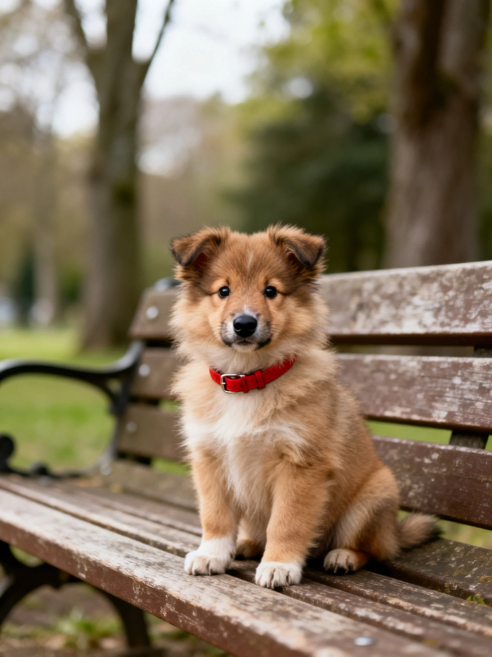 A small tan puppy with a red collar rests on a worn park bench.
