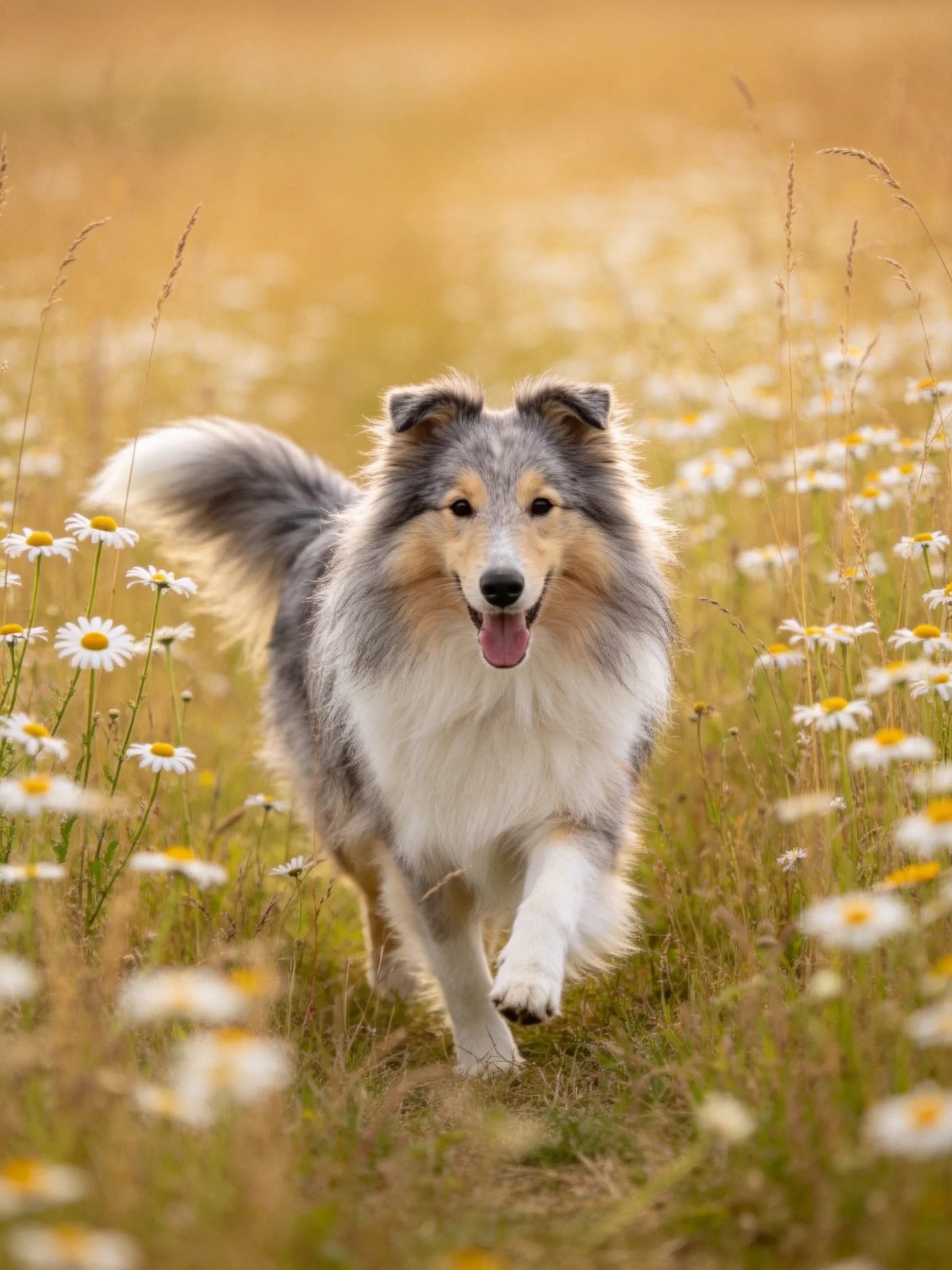 A joyful tricolor dog runs energetically through a daisy-filled meadow.