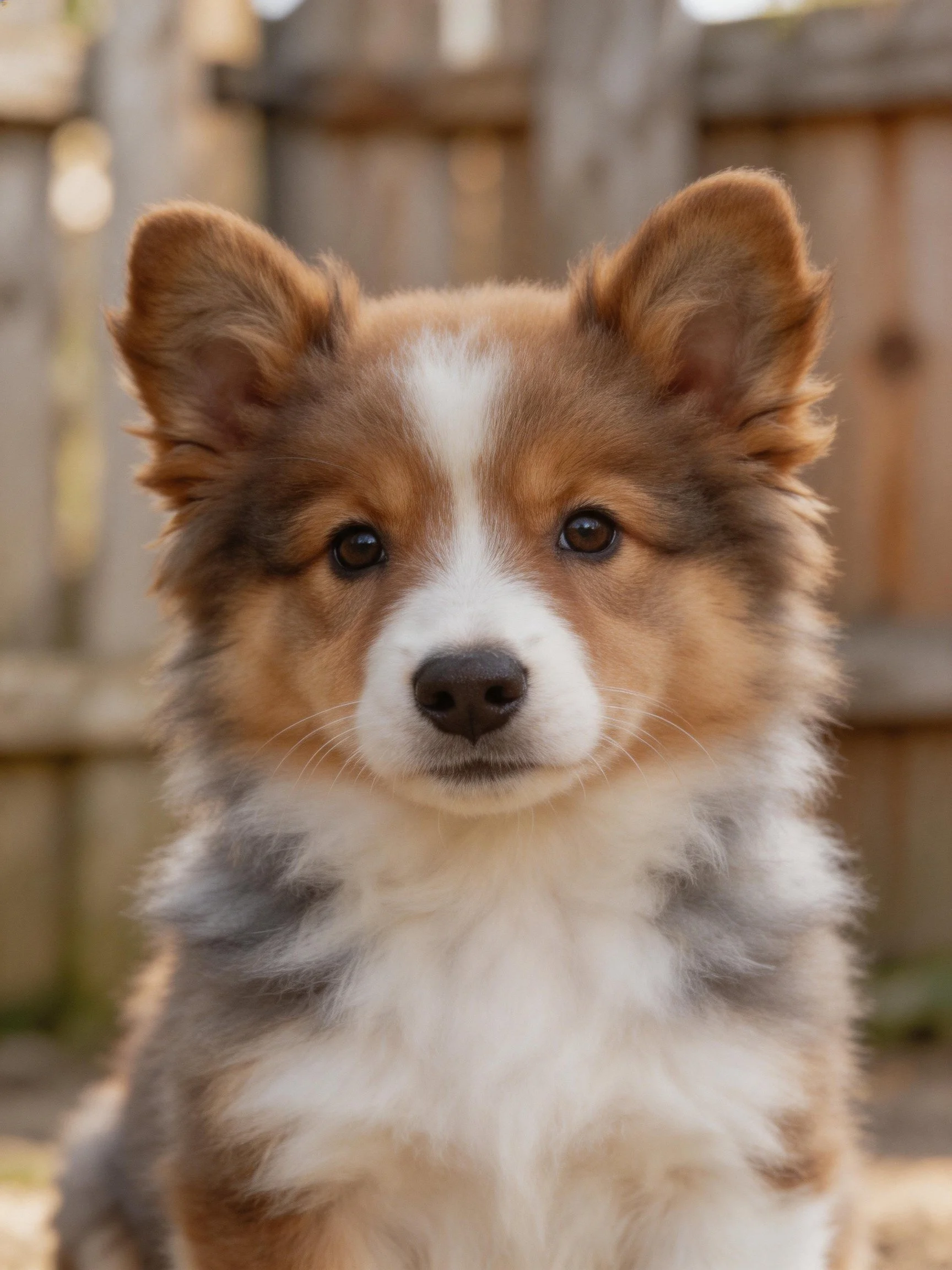 A fluffy tricolor puppy with upright ears near a wooden fence