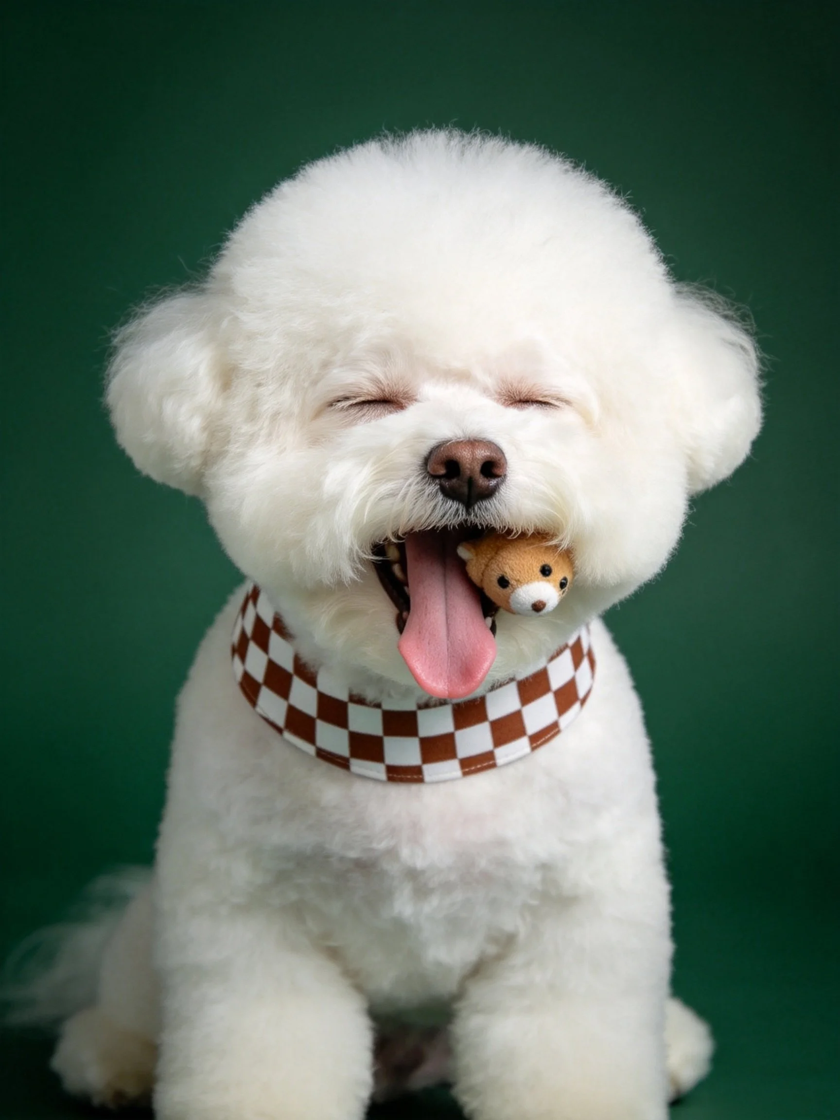 A fluffy white Bichon Frise sits joyfully with a small toy in its mouth