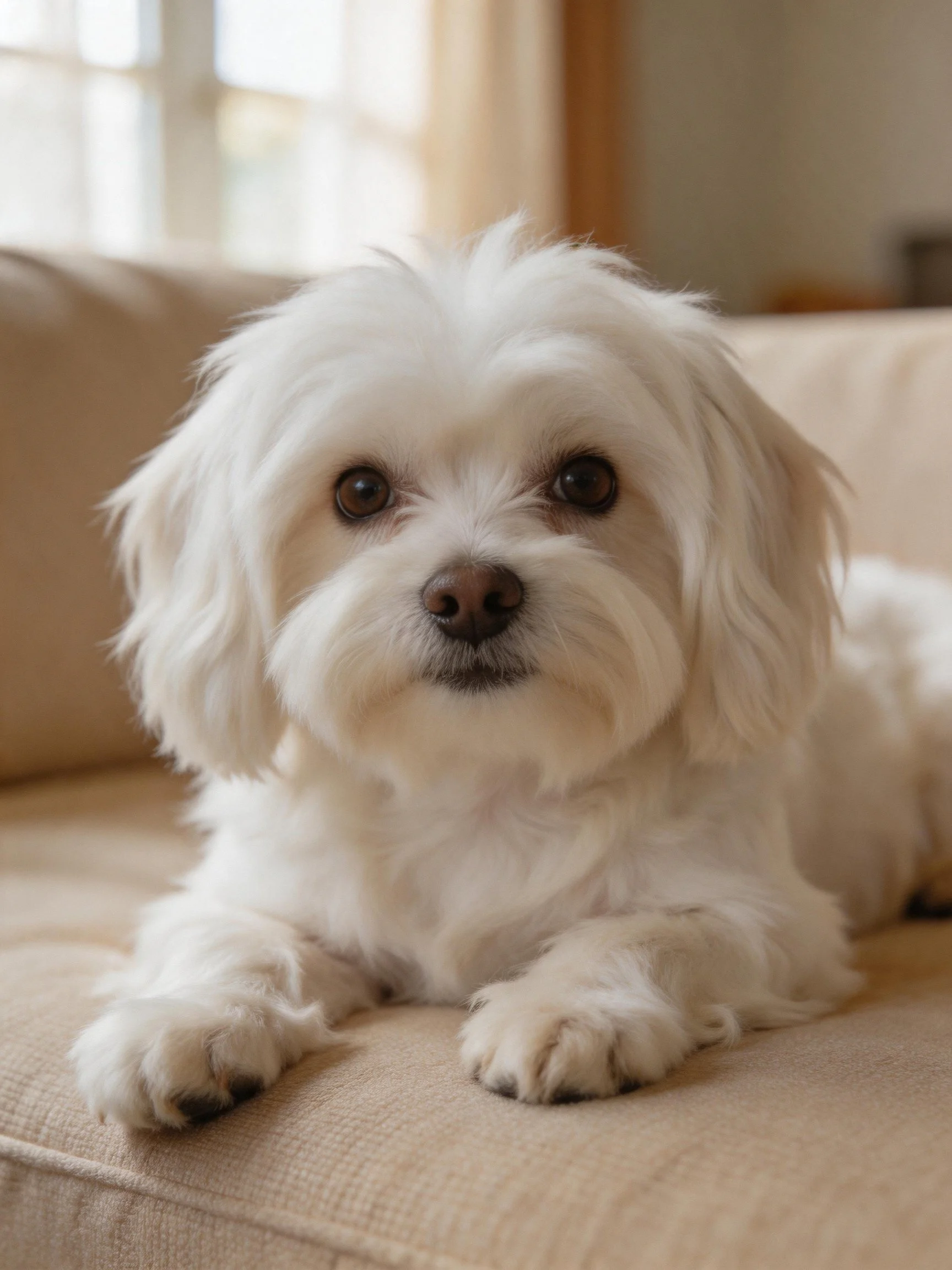 A fluffy white Maltese lies calmly on a beige couch inside a home.