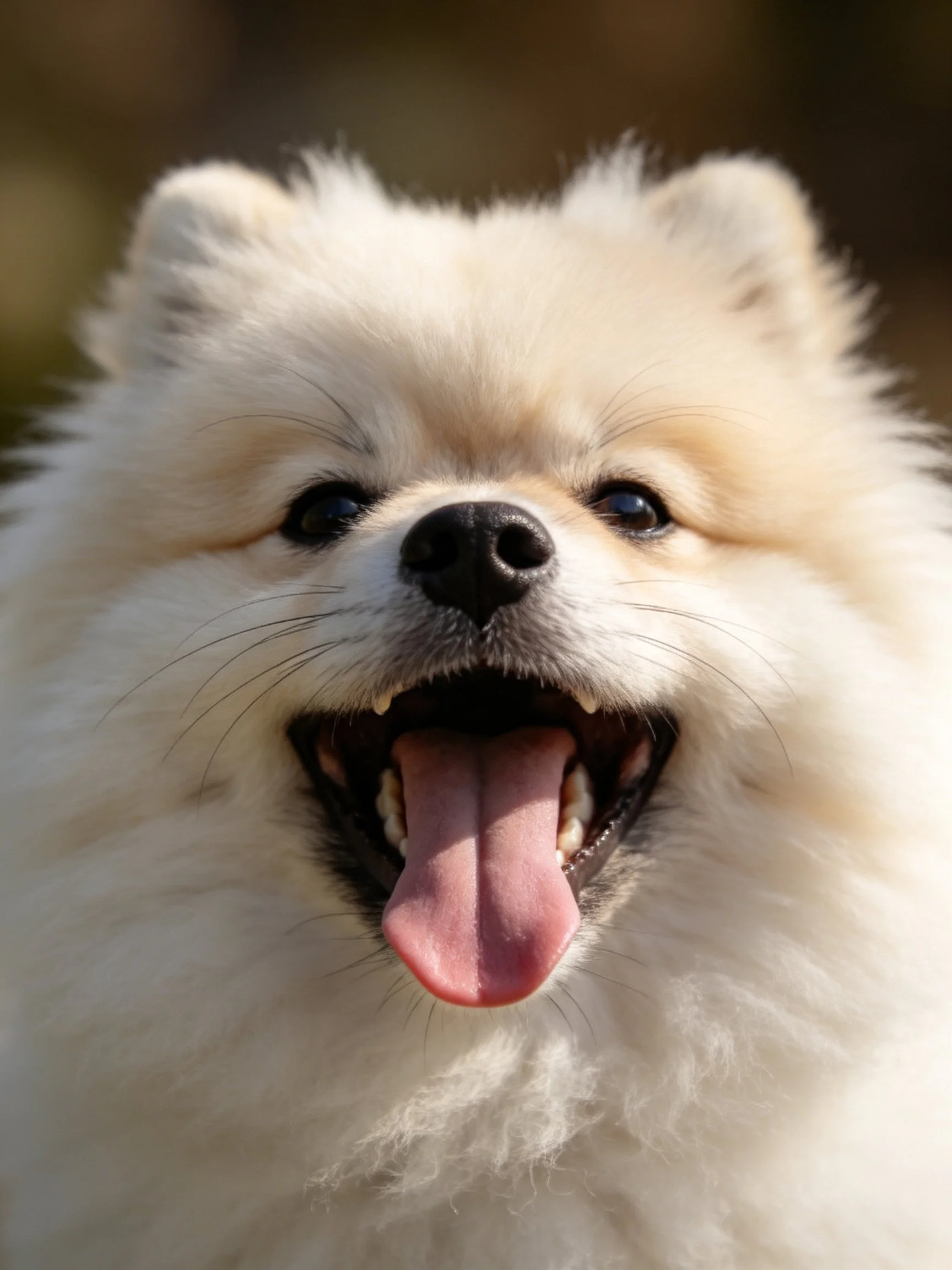 A fluffy white Pomeranian dog displays a joyful expression.