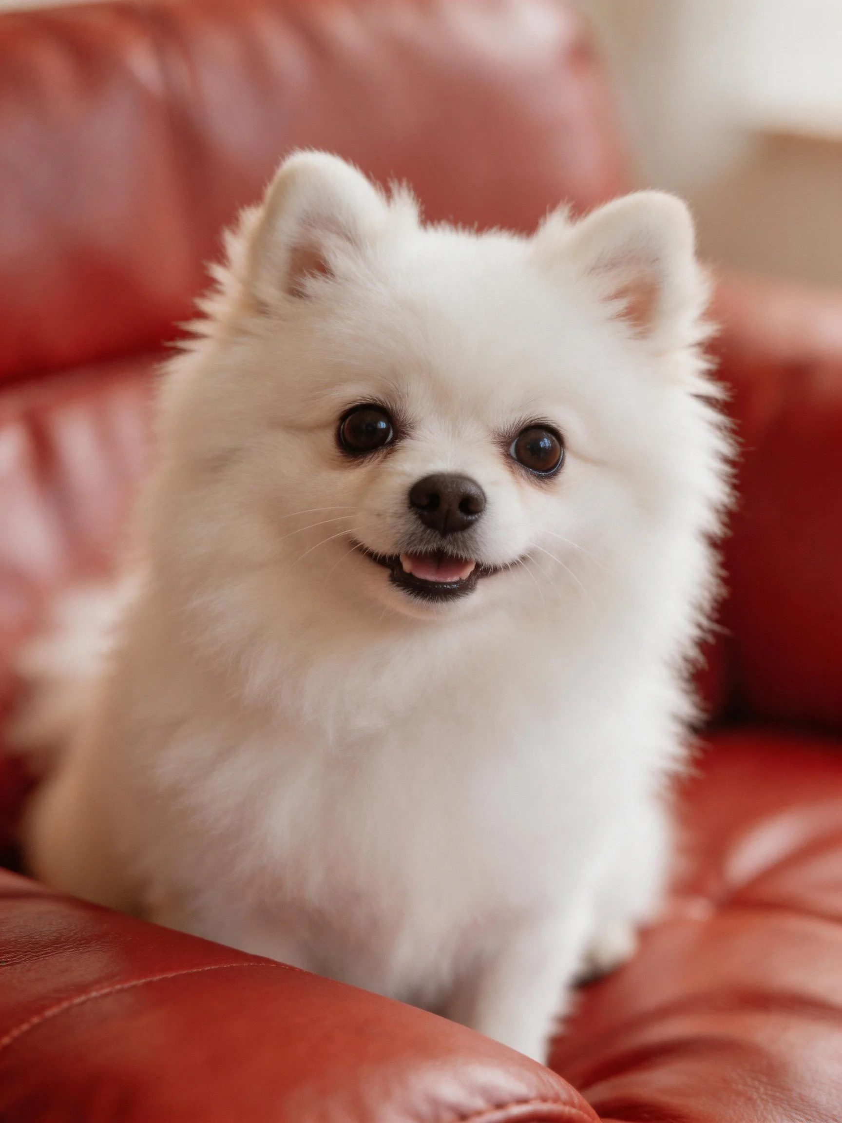 A fluffy white Pomeranian rests contentedly on a red leather couch.