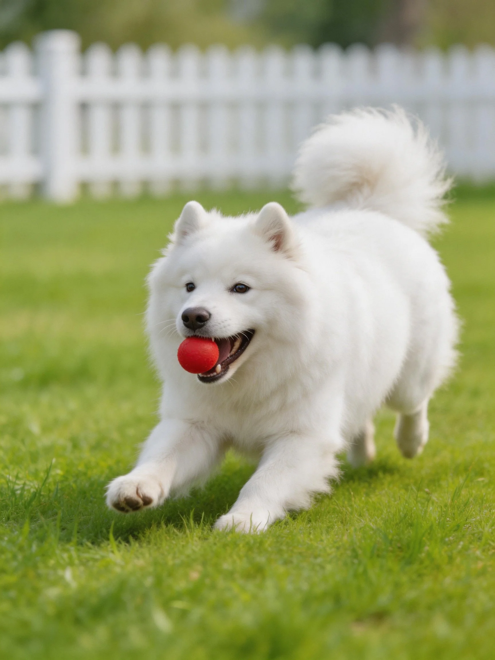 A fluffy white Samoyed carries a red ball while running on green grass near a white fence.