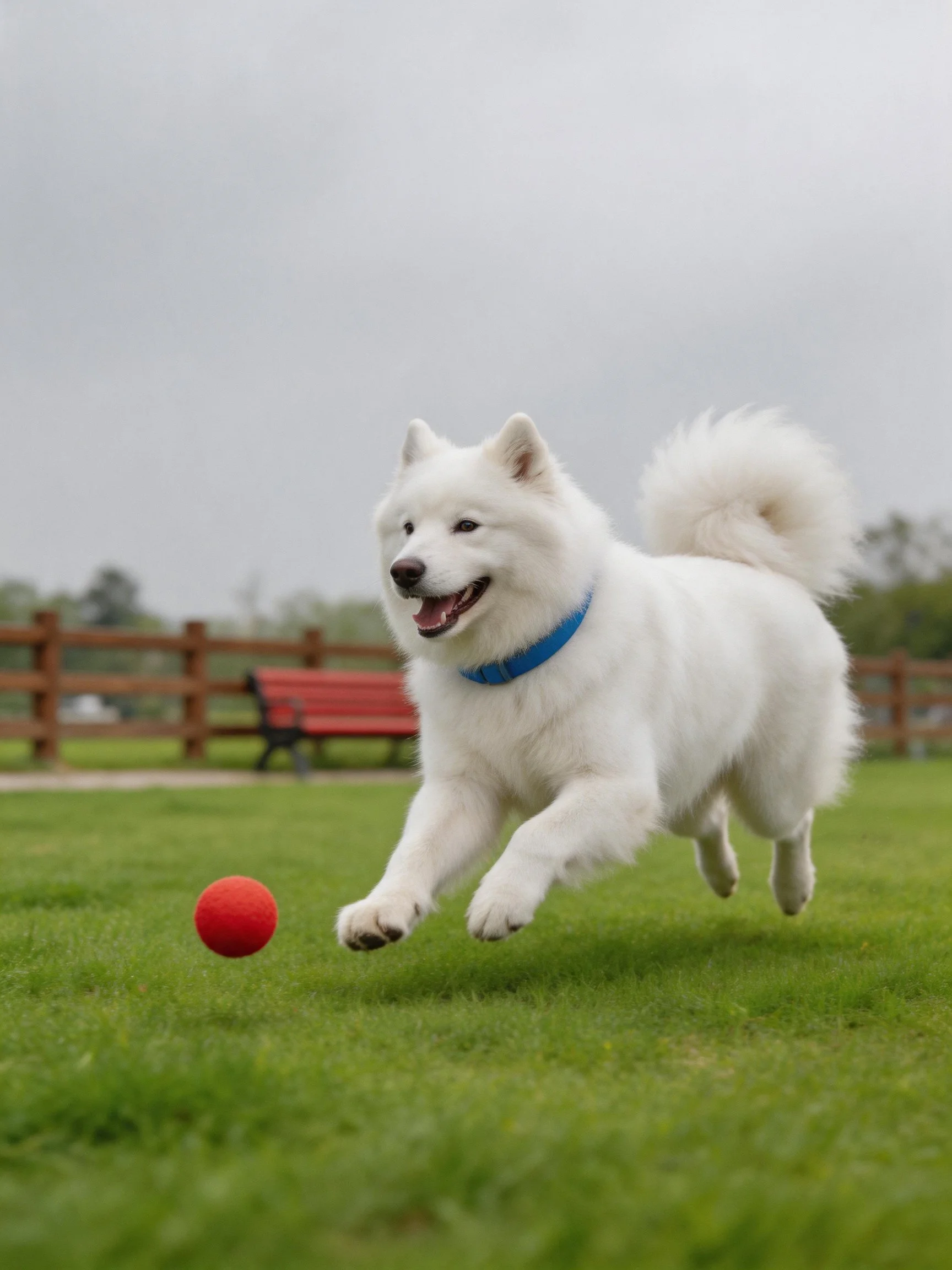 A white Samoyed dog joyfully chases a red ball in an outdoor area.