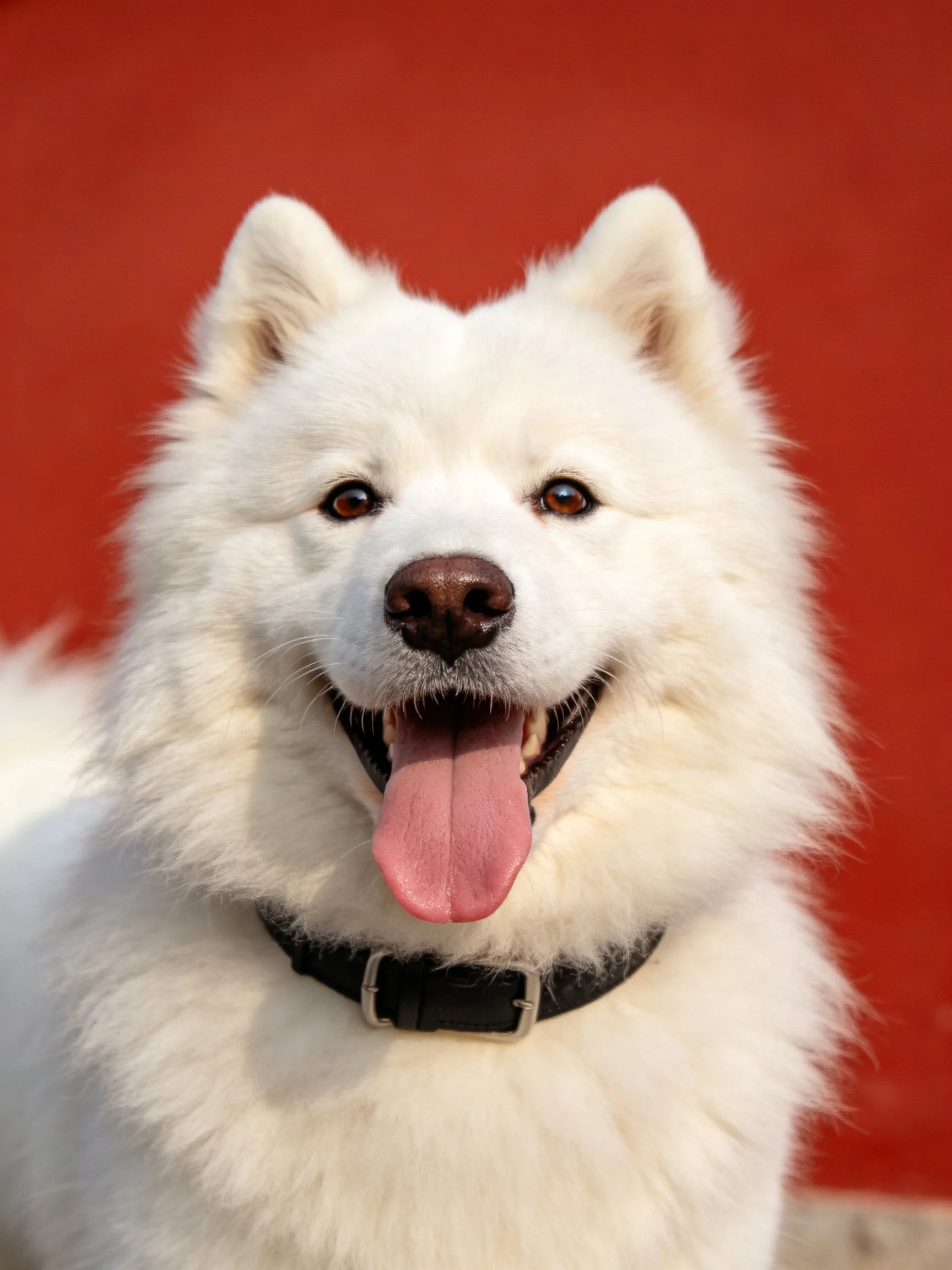 A cheerful white Samoyed dog poses in front of a solid red wall.