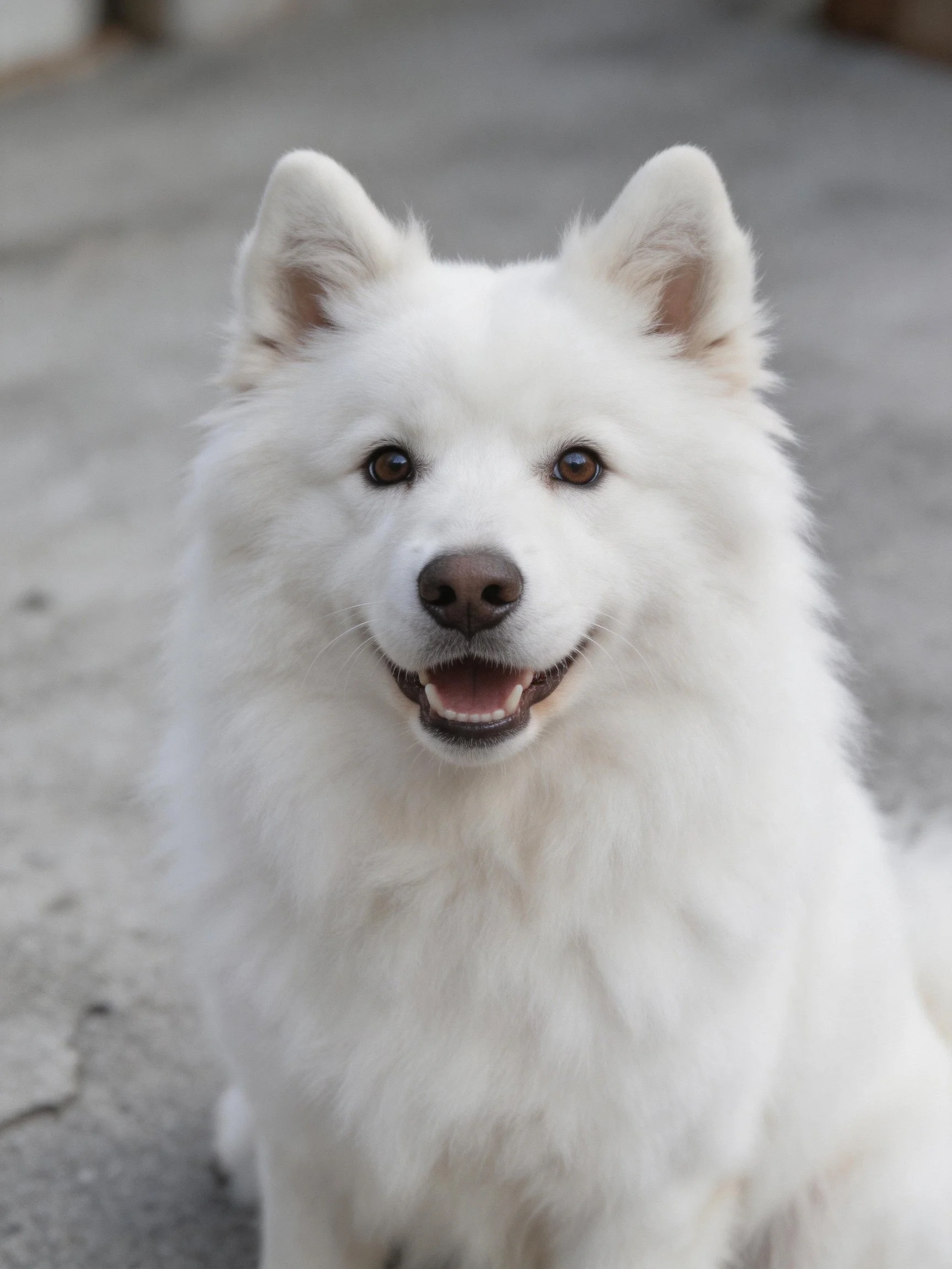 A fluffy white Samoyed dog sits happily on a concrete path