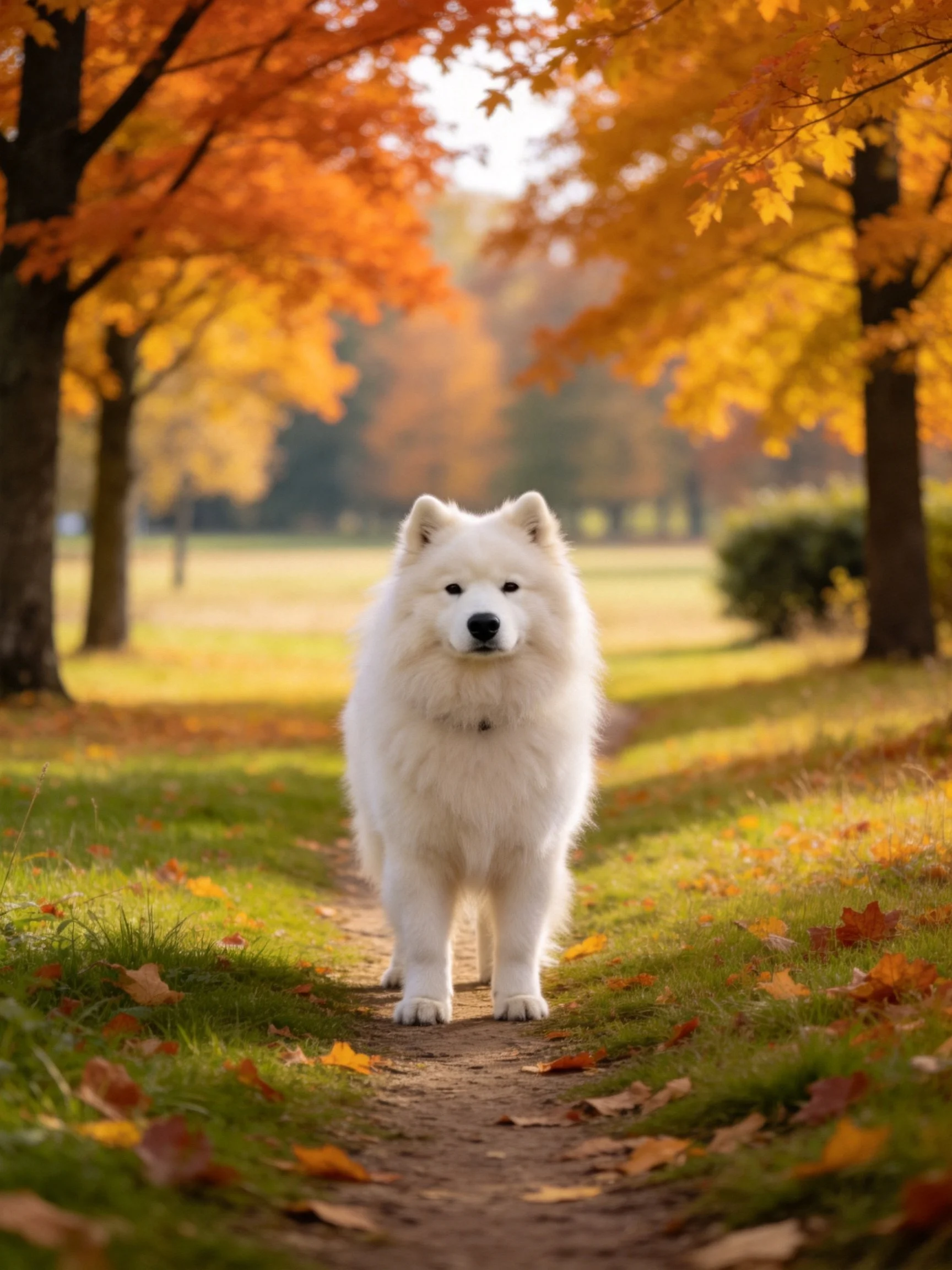A fluffy white Samoyed on an autumn leaf-laden path